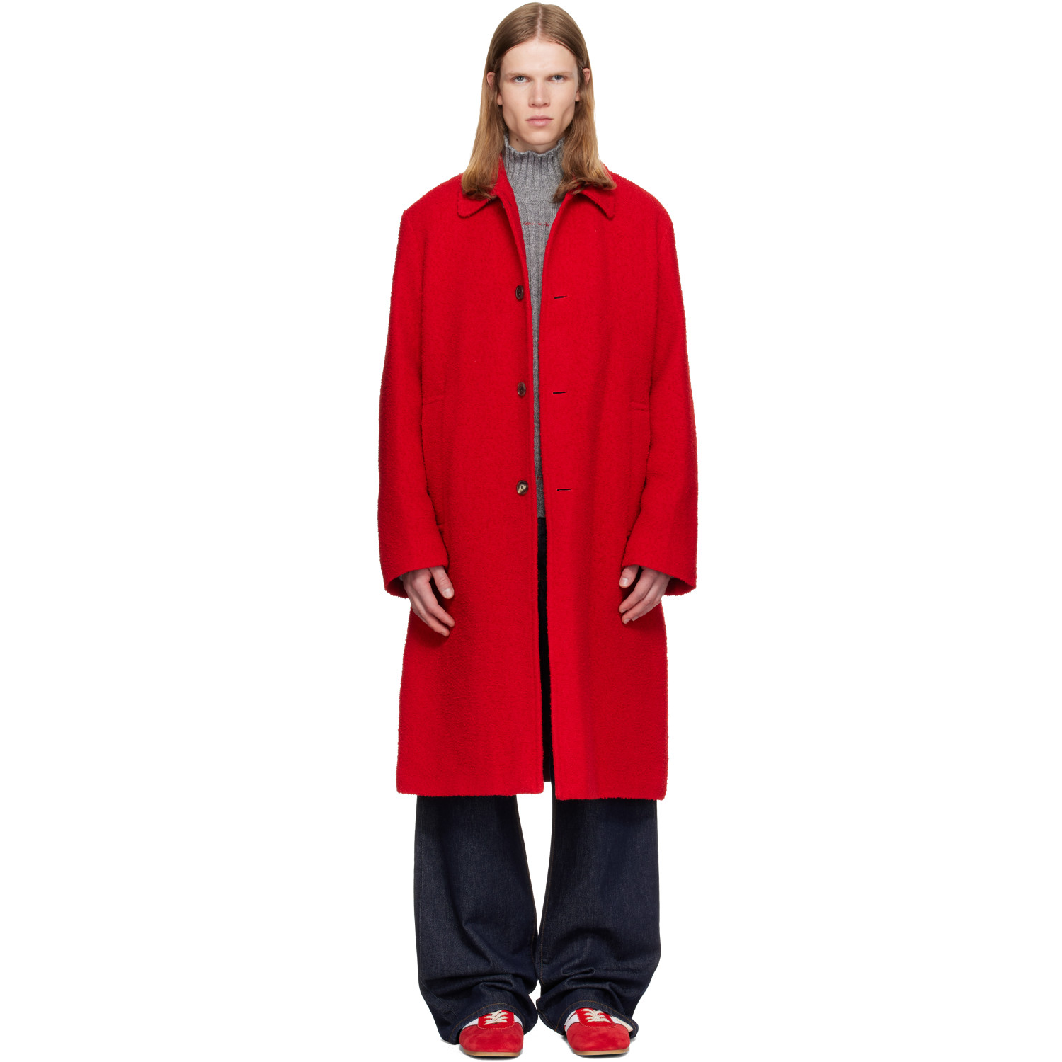 Dries Van Noten Red Wool Bouclé Coat