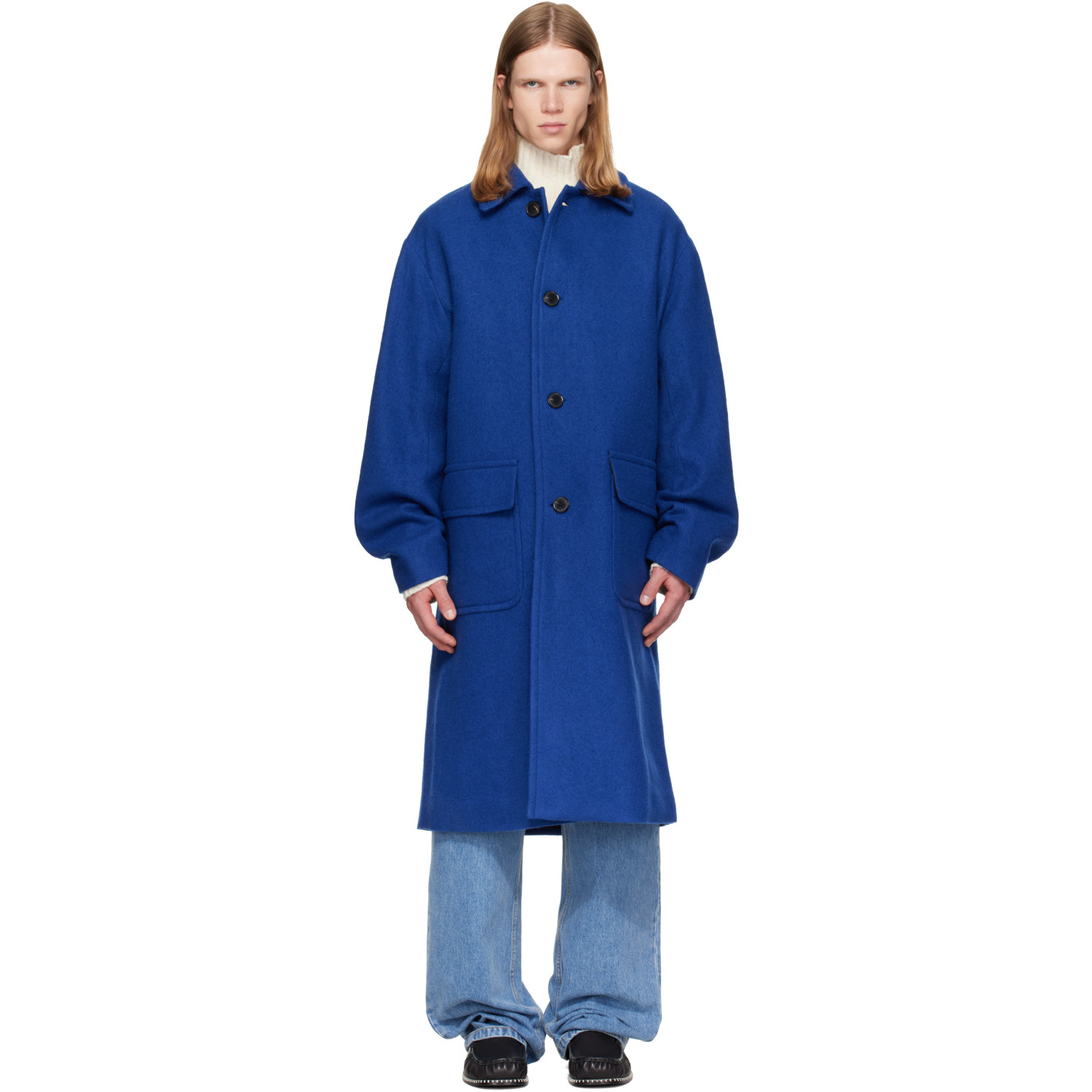 Dries Van Noten Blue Single-Breasted Wool Coat