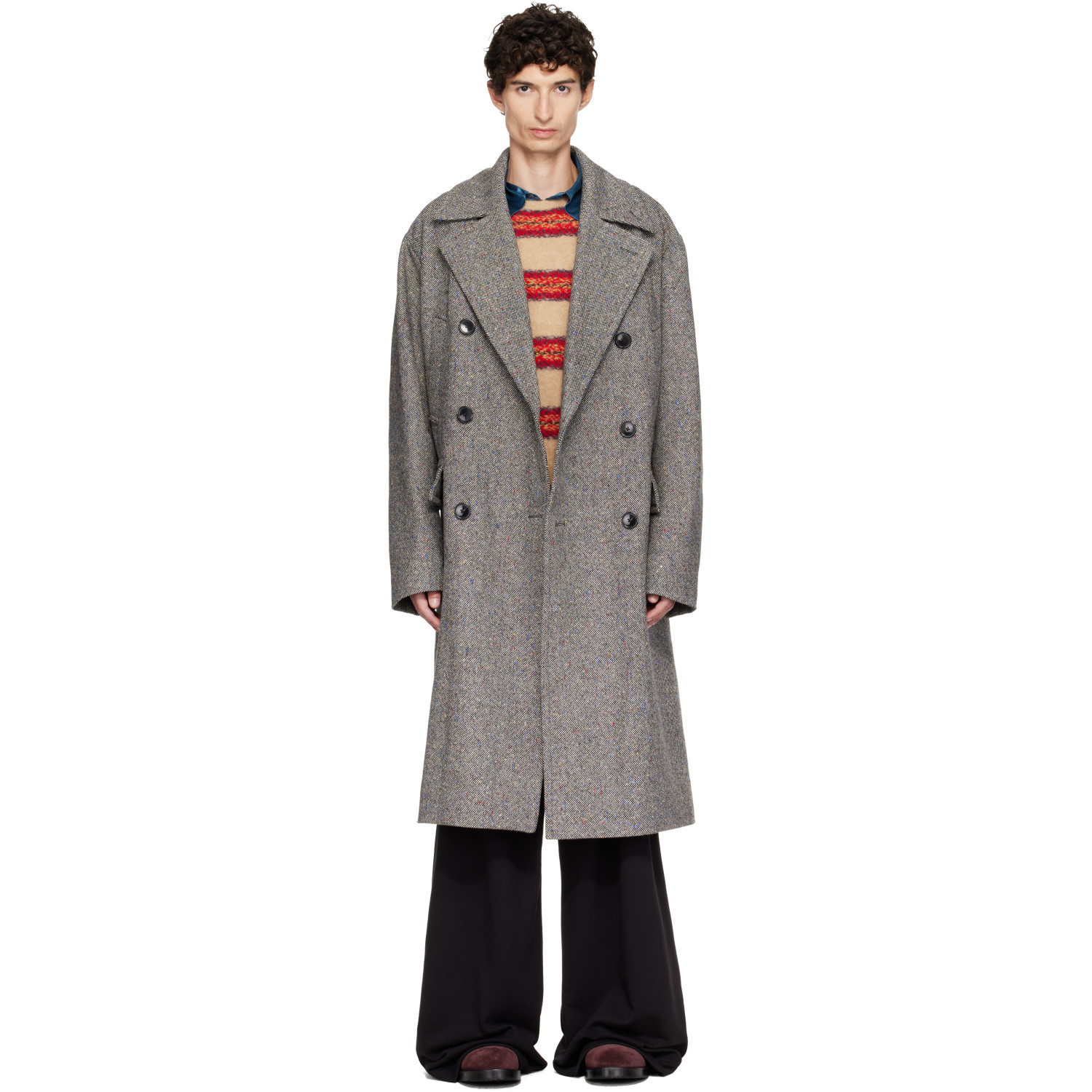 Dries Van Noten Black & Gray Oversized Wool Tweed Coat