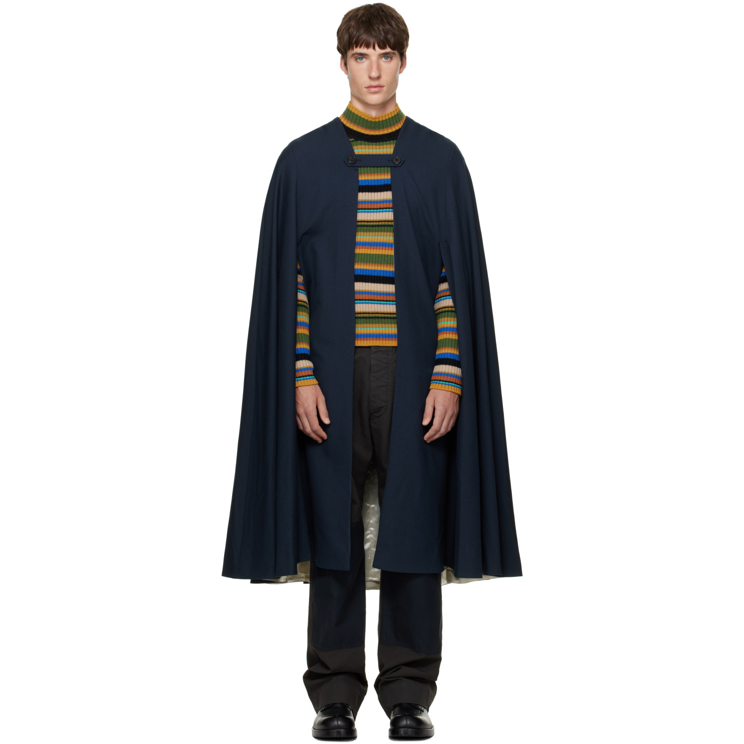 Dries Van Noten Navy Wool Cape Coat