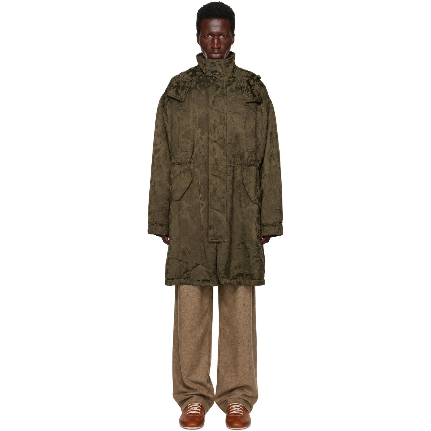Dries Van Noten Khaki Jacquard Coat