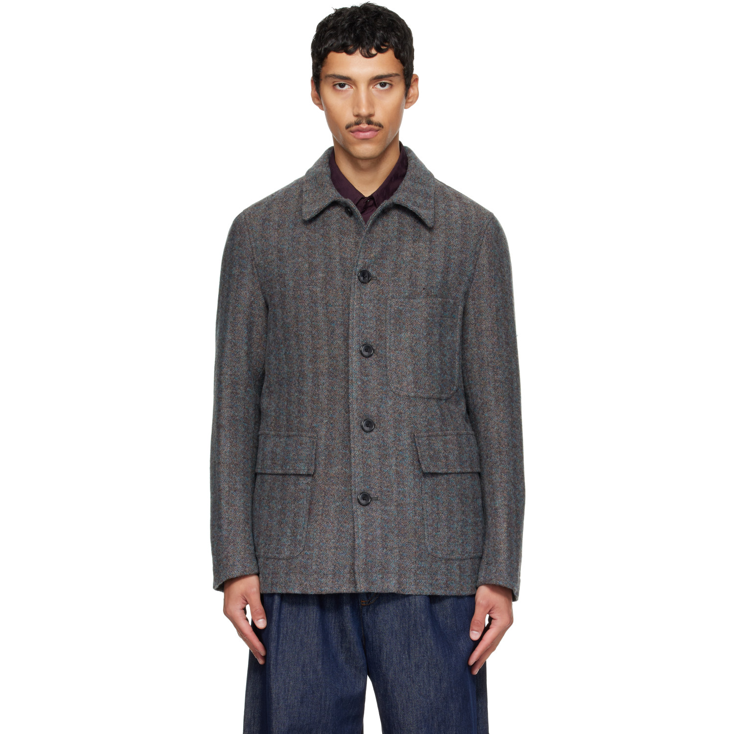 Dries Van Noten Gray & Blue Wool Jacket