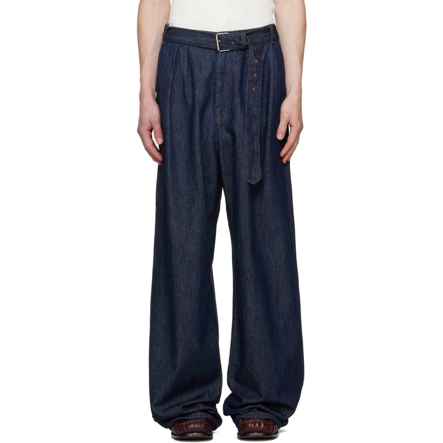 Dries Van Noten Navy Belted Pleat Jeans