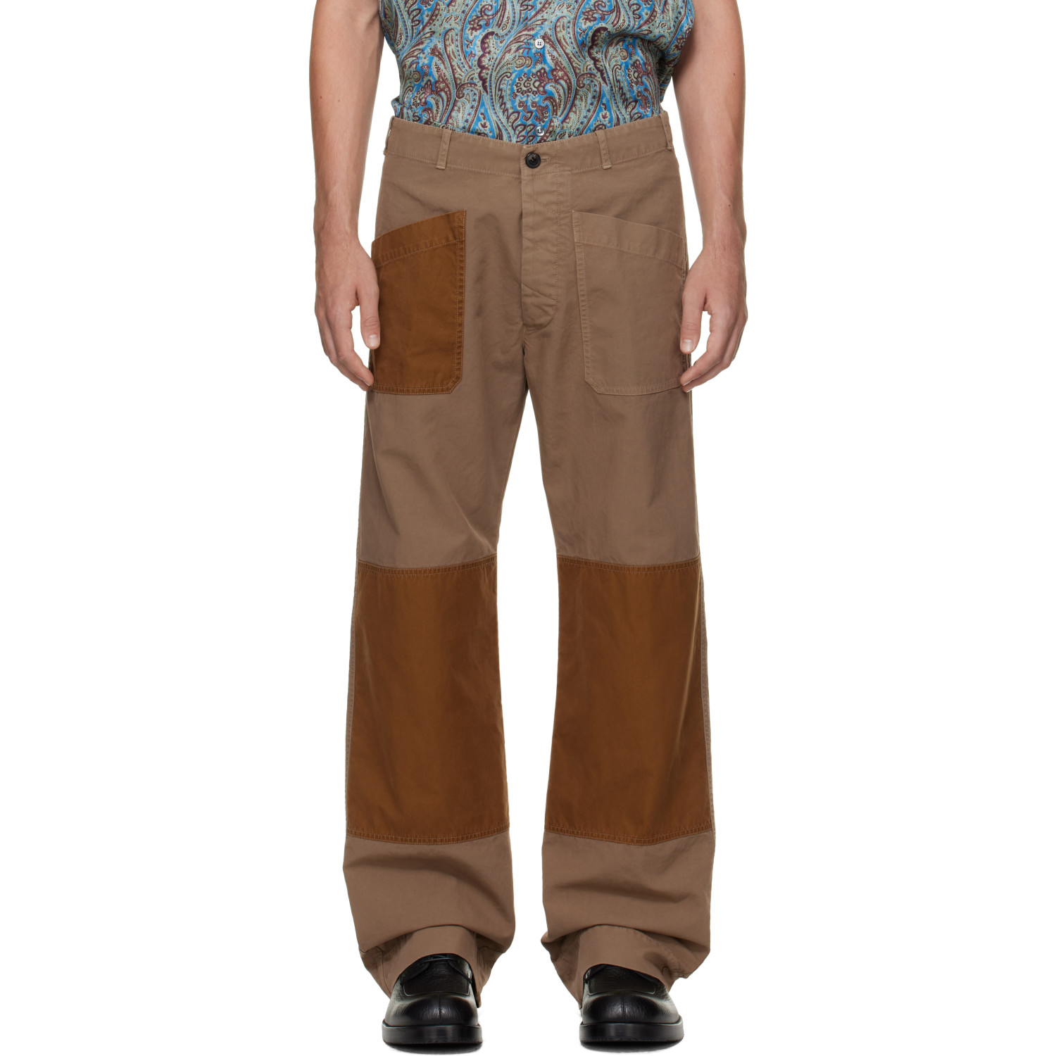 Dries Van Noten Beige & Tan Patch Trousers
