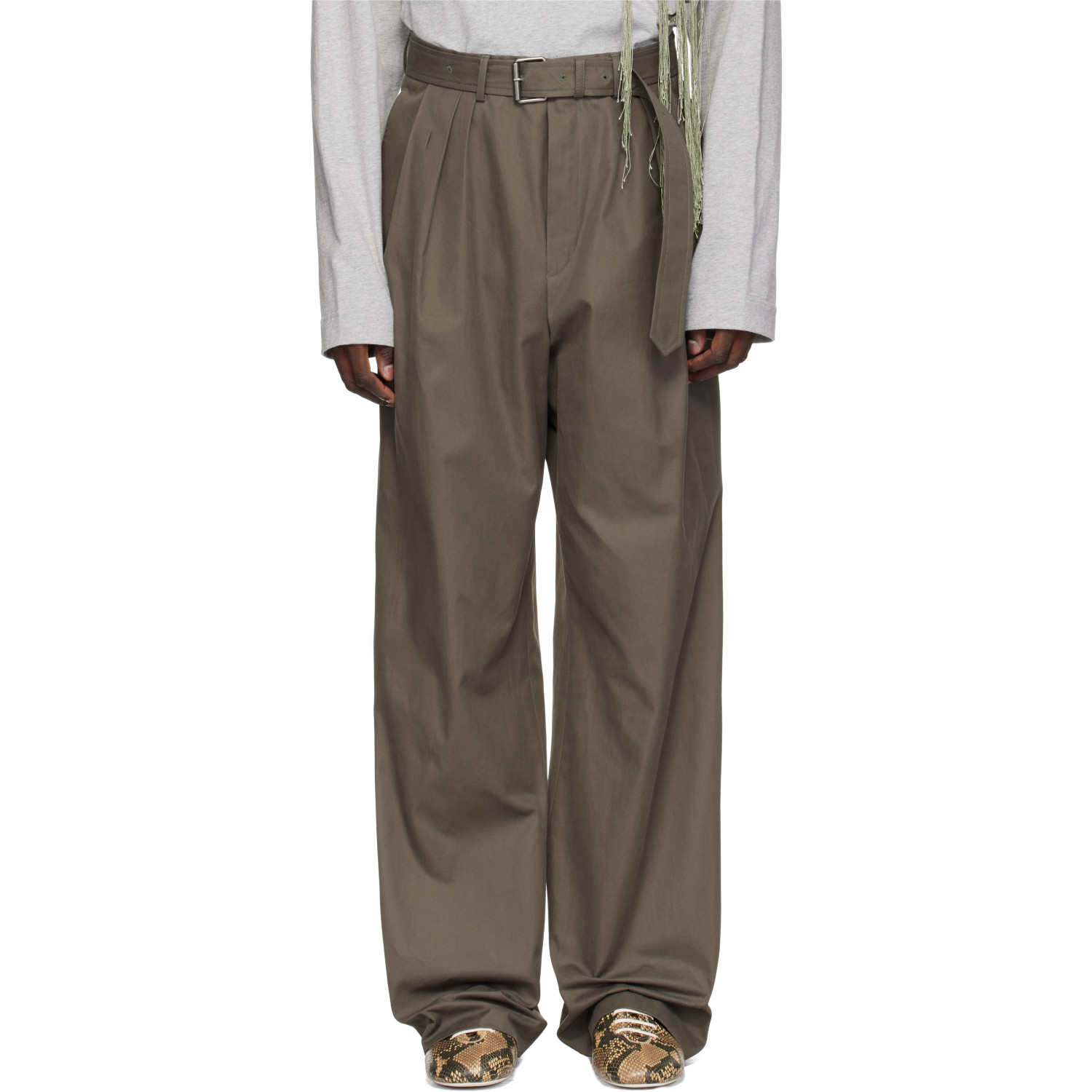 Dries Van Noten Khaki Belted Cotton Trousers