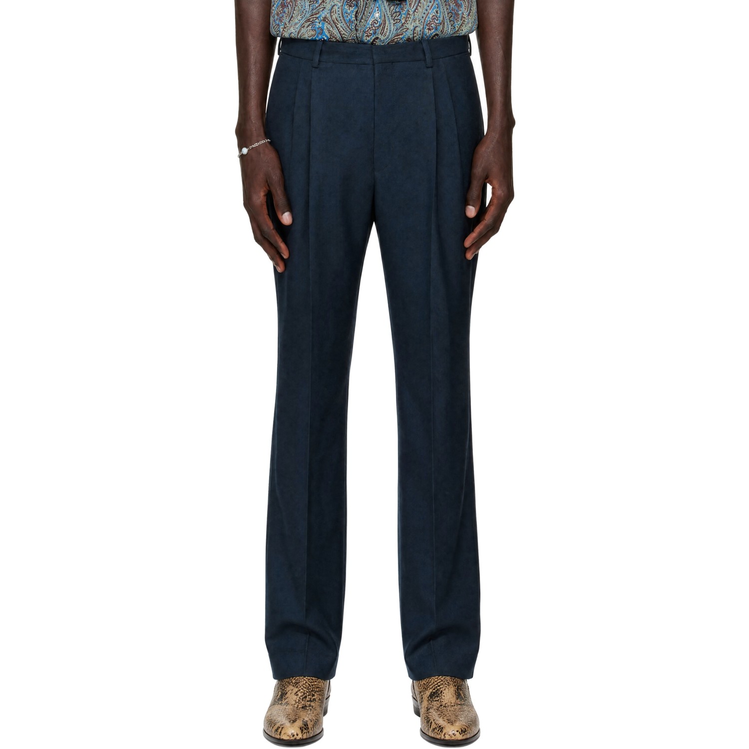 Dries Van Noten Navy Pleated Wool Trousers