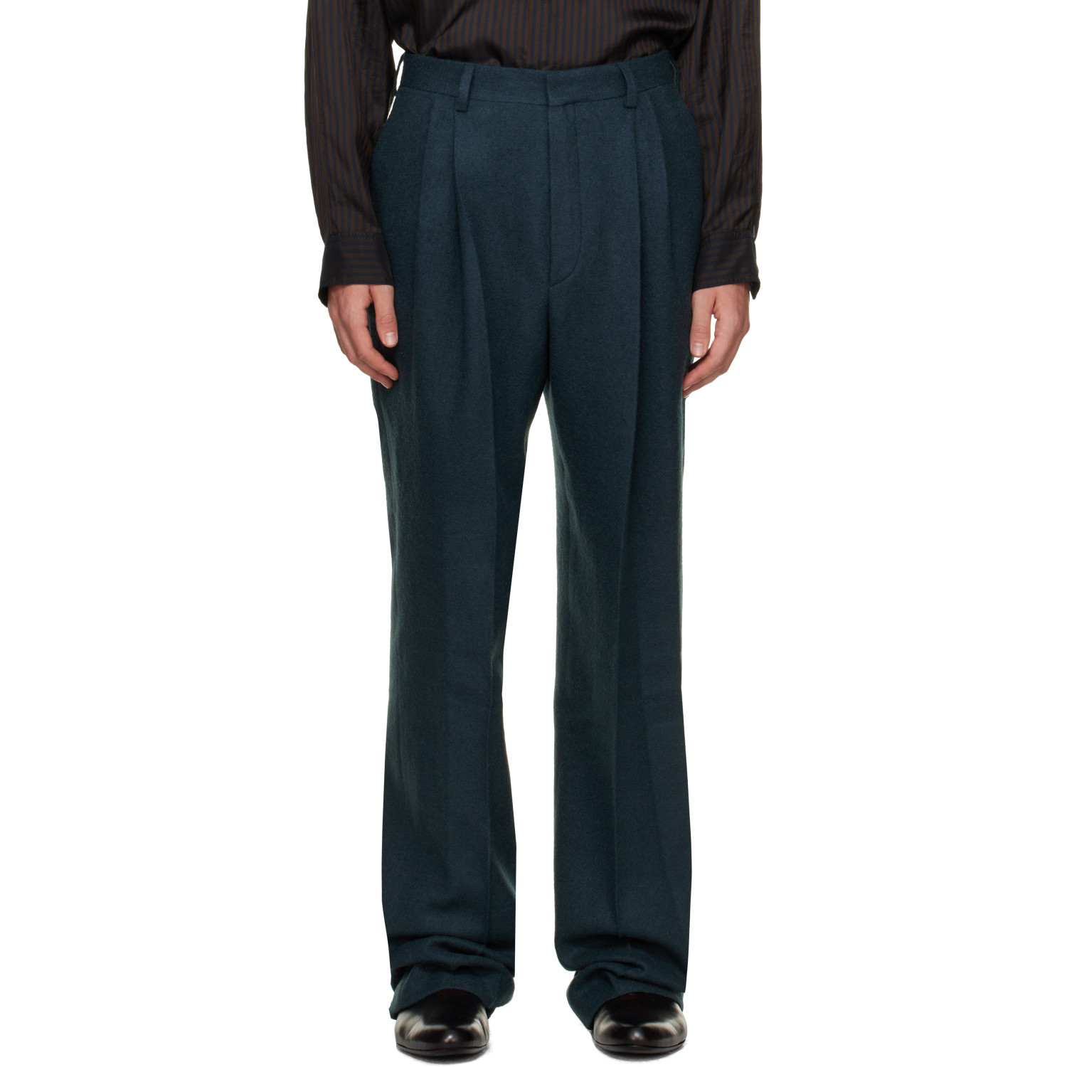 Dries Van Noten Green Pleated Wool Trousers