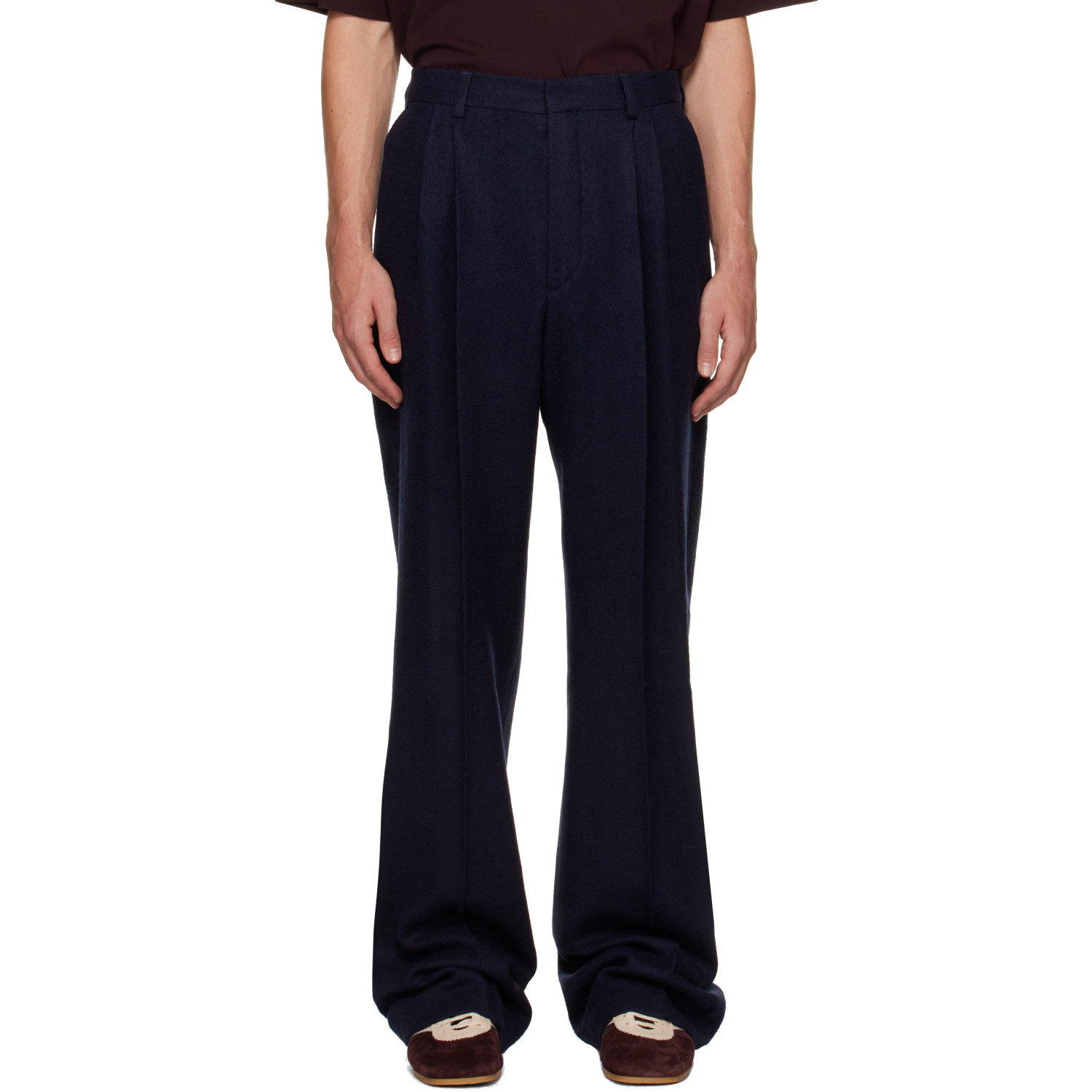 Dries Van Noten Navy Pleated Wool Trousers