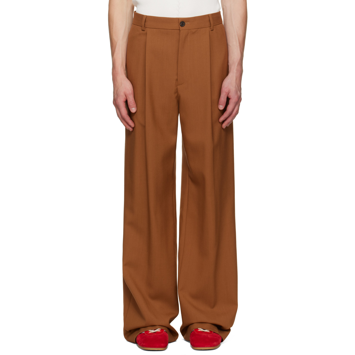 Dries Van Noten Tan Pleated Wool Trousers