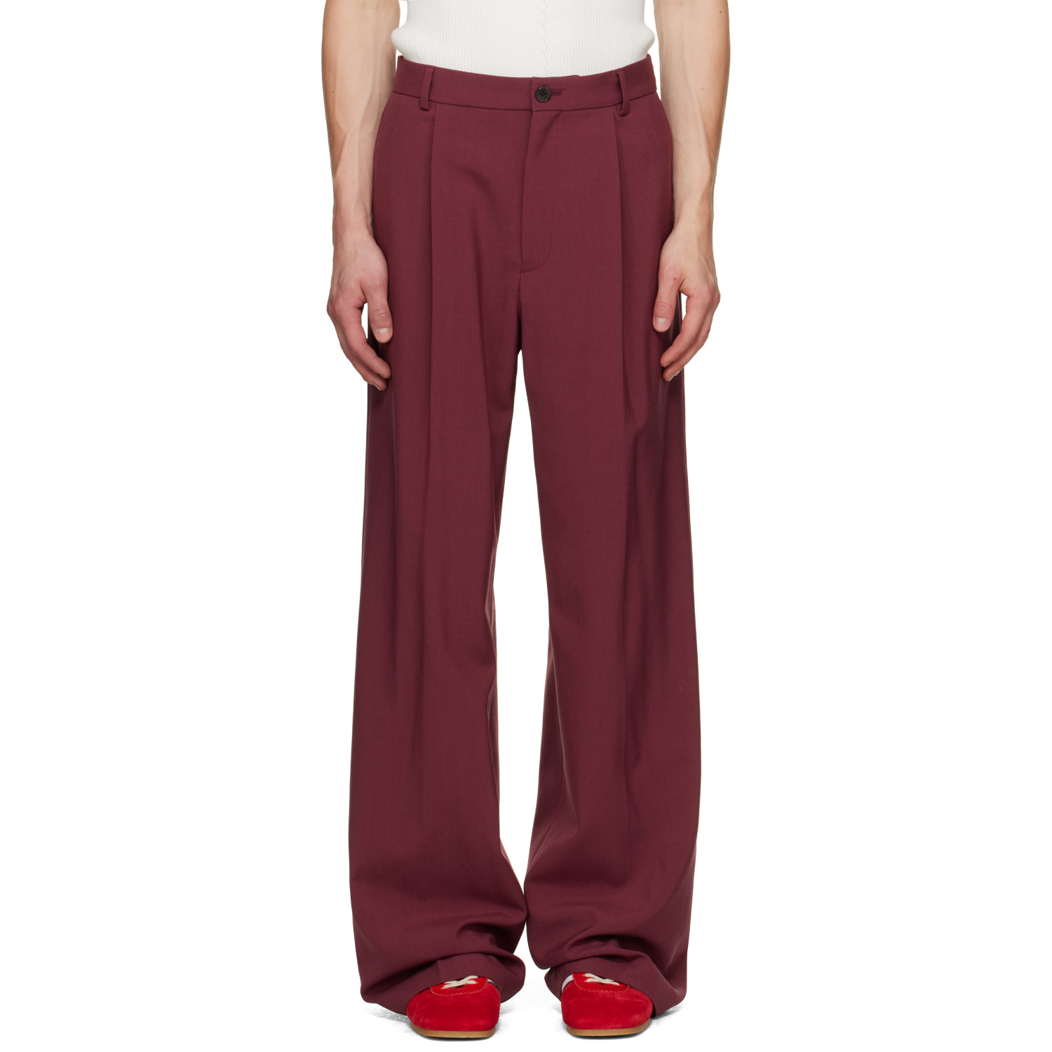 Dries Van Noten Burgundy Pleated Wool Trousers