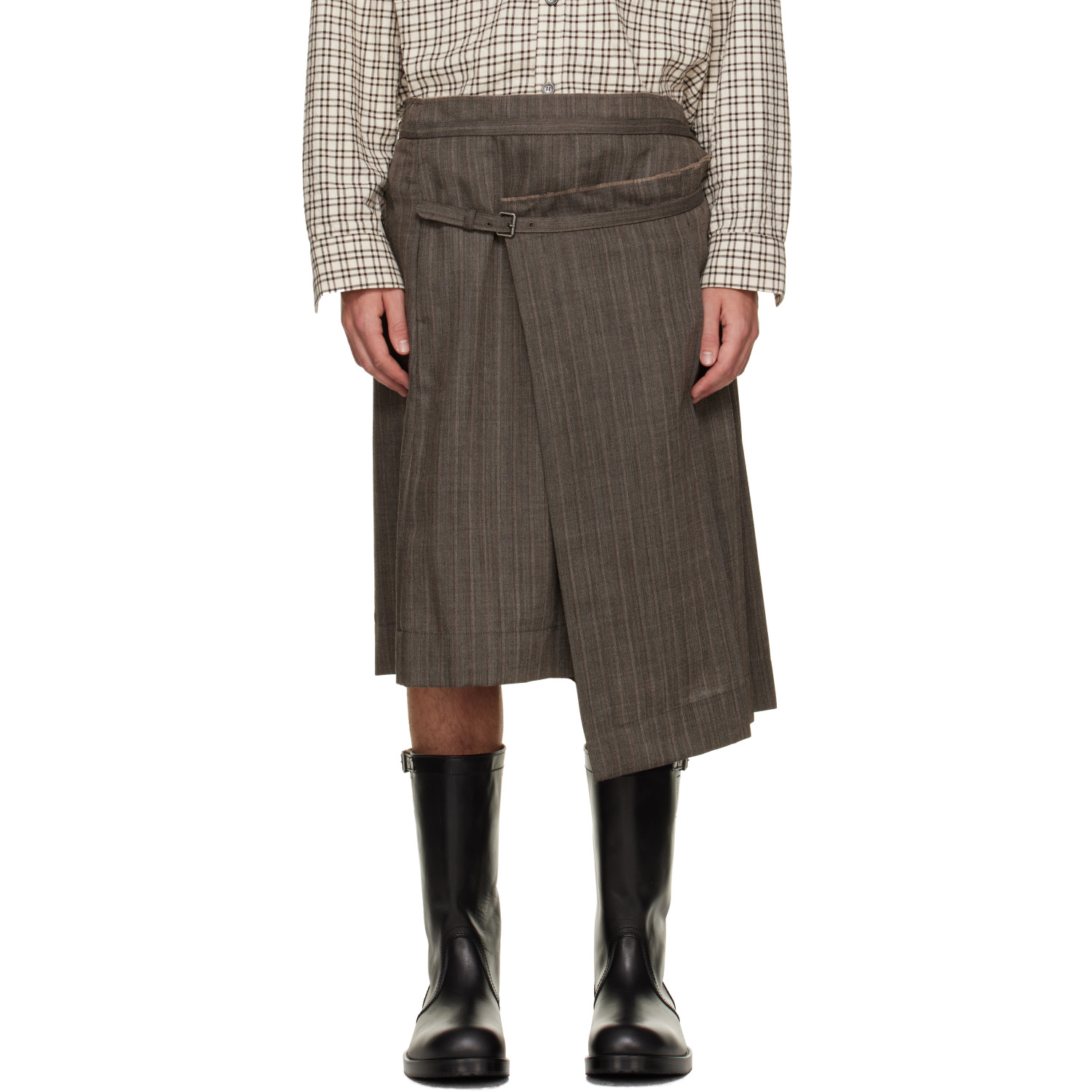 Dries Van Noten Taupe Pleated Wool Kilt