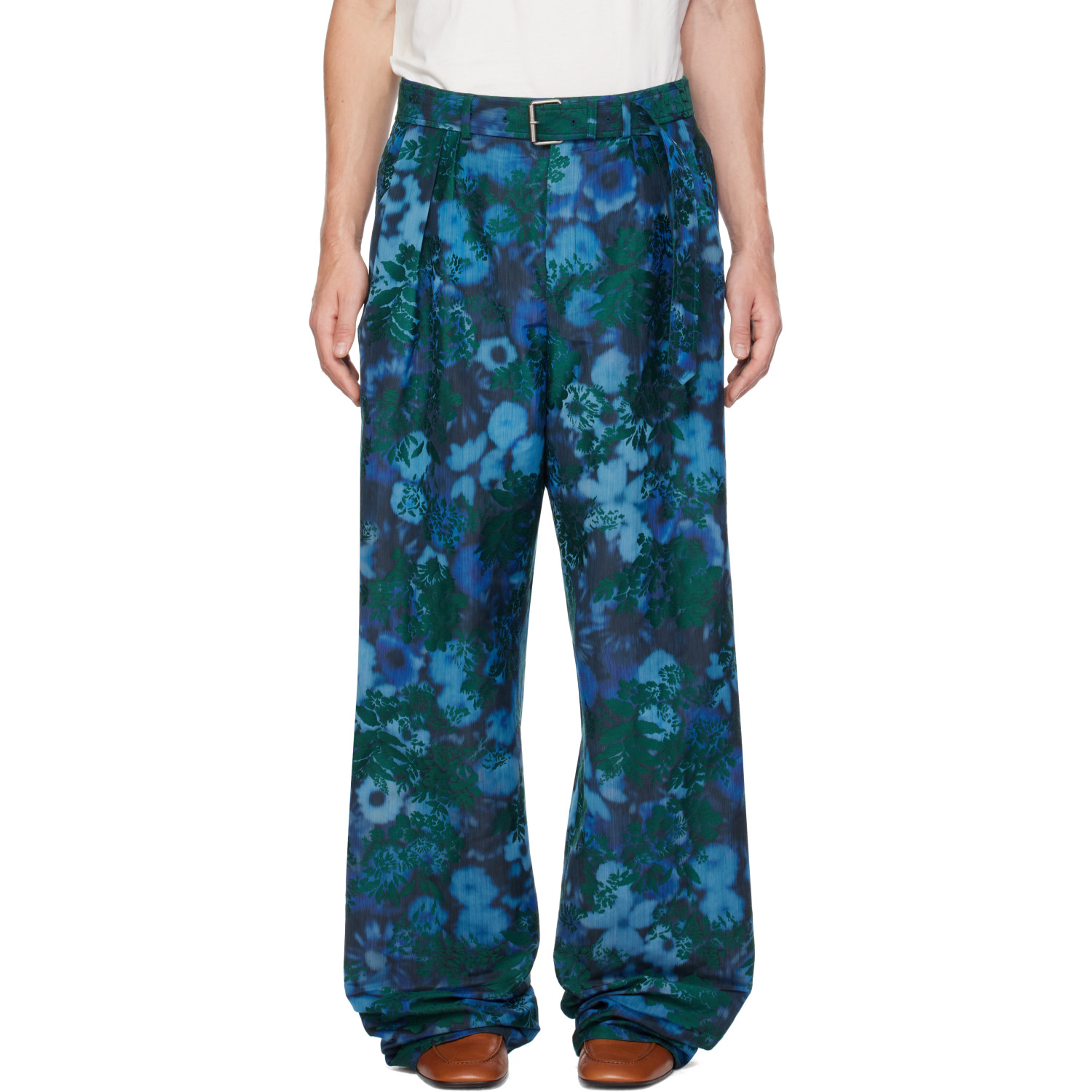 Dries Van Noten Blue Belted Jacquard Trousers