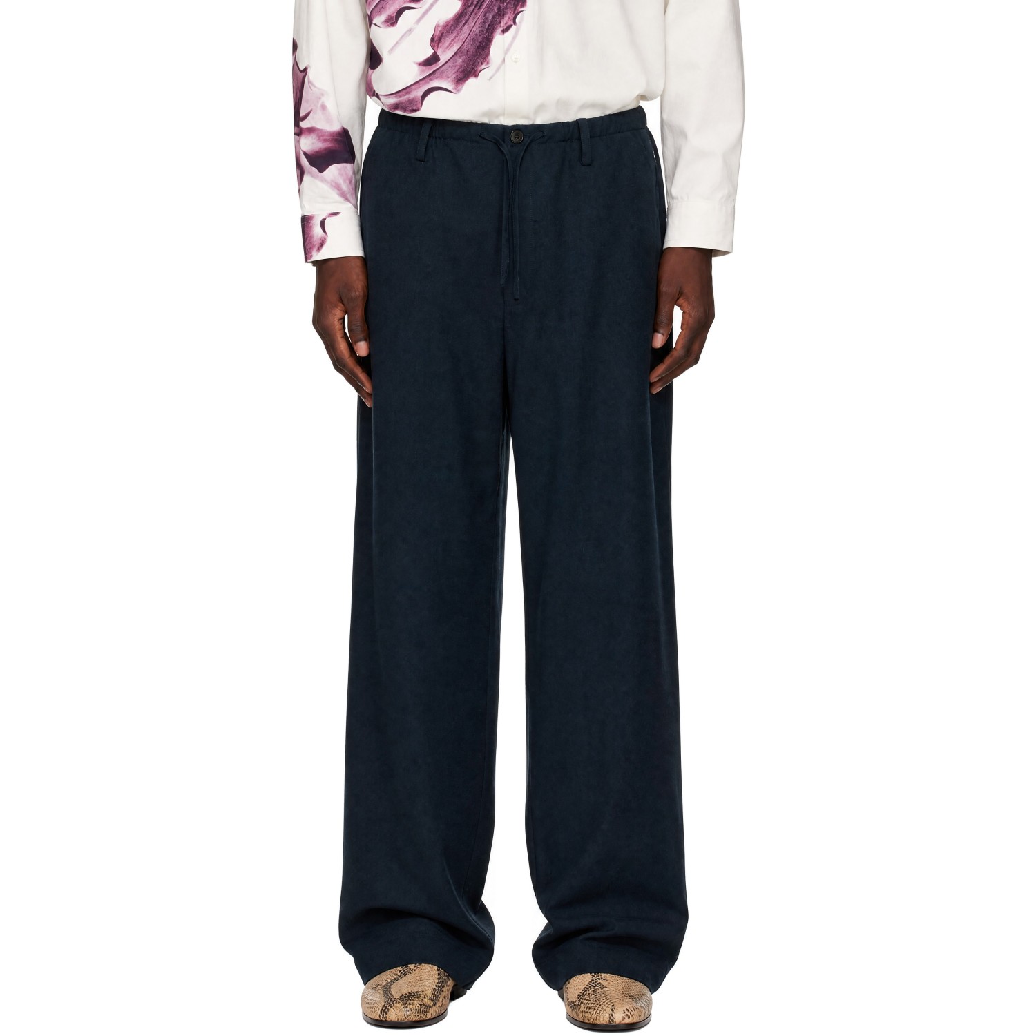 Dries Van Noten Navy Wool Drawstring Trousers
