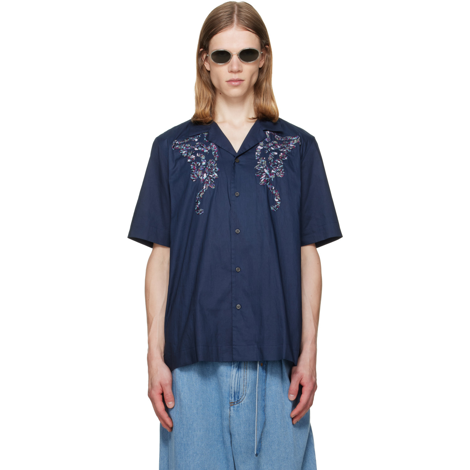 Dries Van Noten Navy Cotton Appliqué Shirt