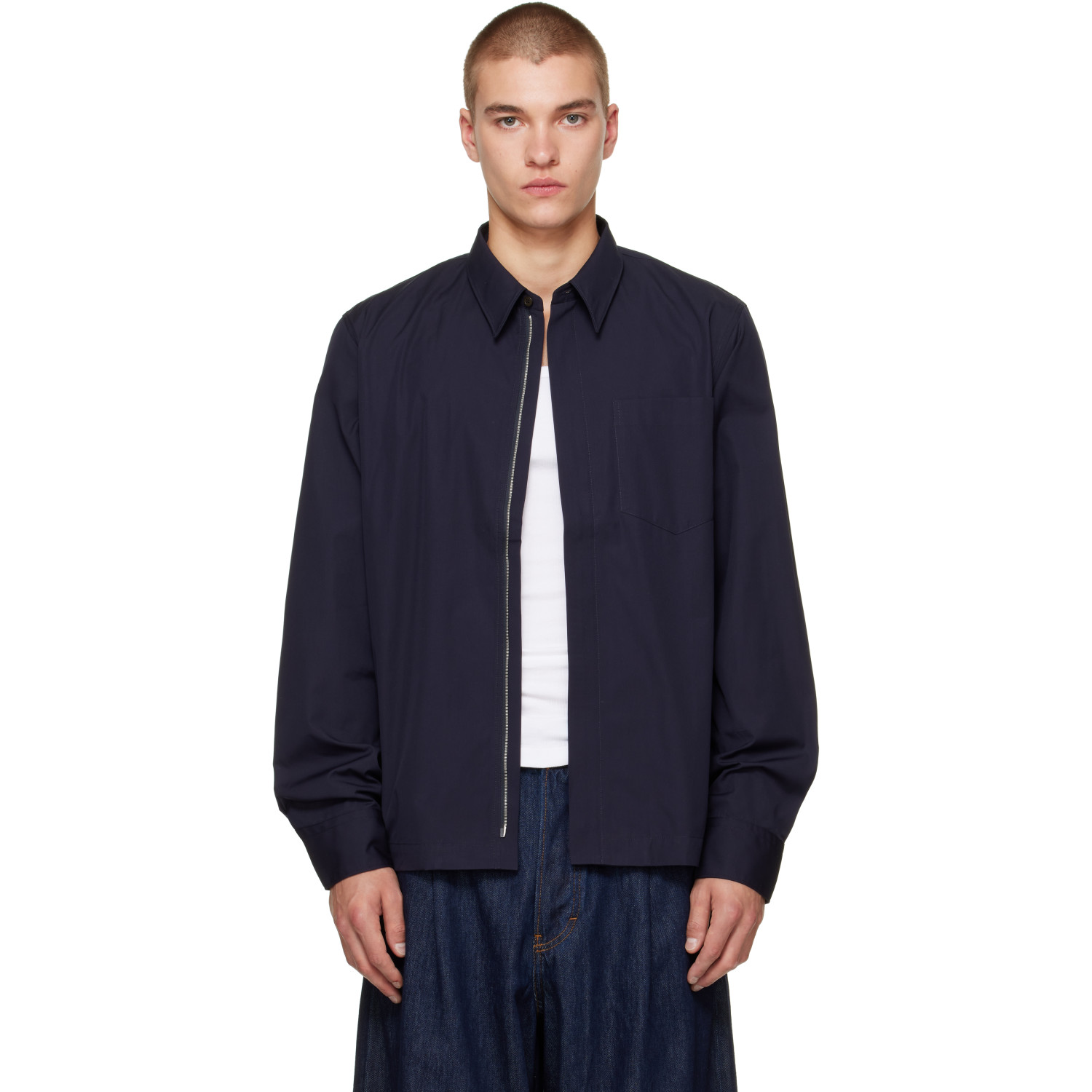 Dries Van Noten Navy Cotton Zip Shirt