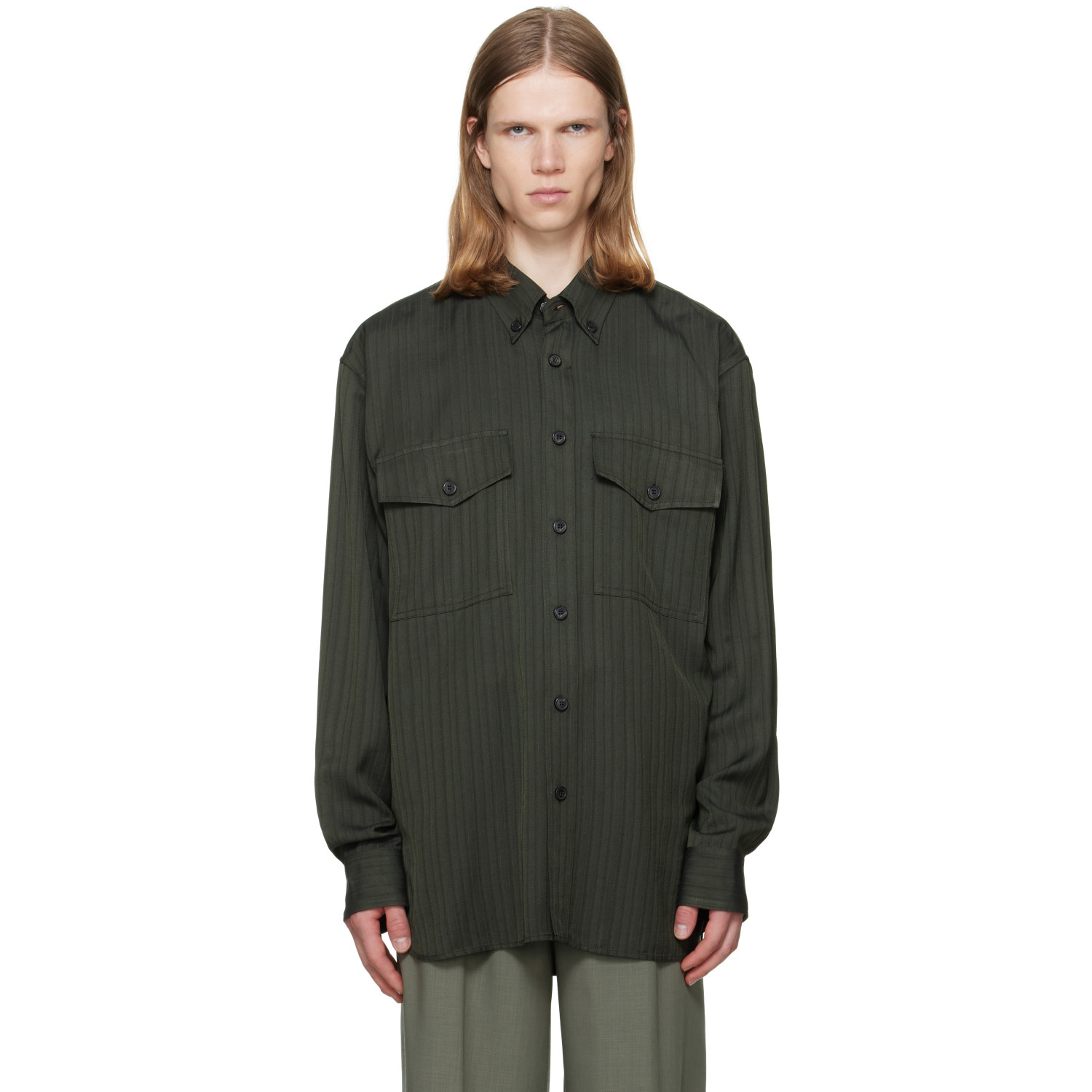 Dries Van Noten Green Flap Pocket Twill Shirt
