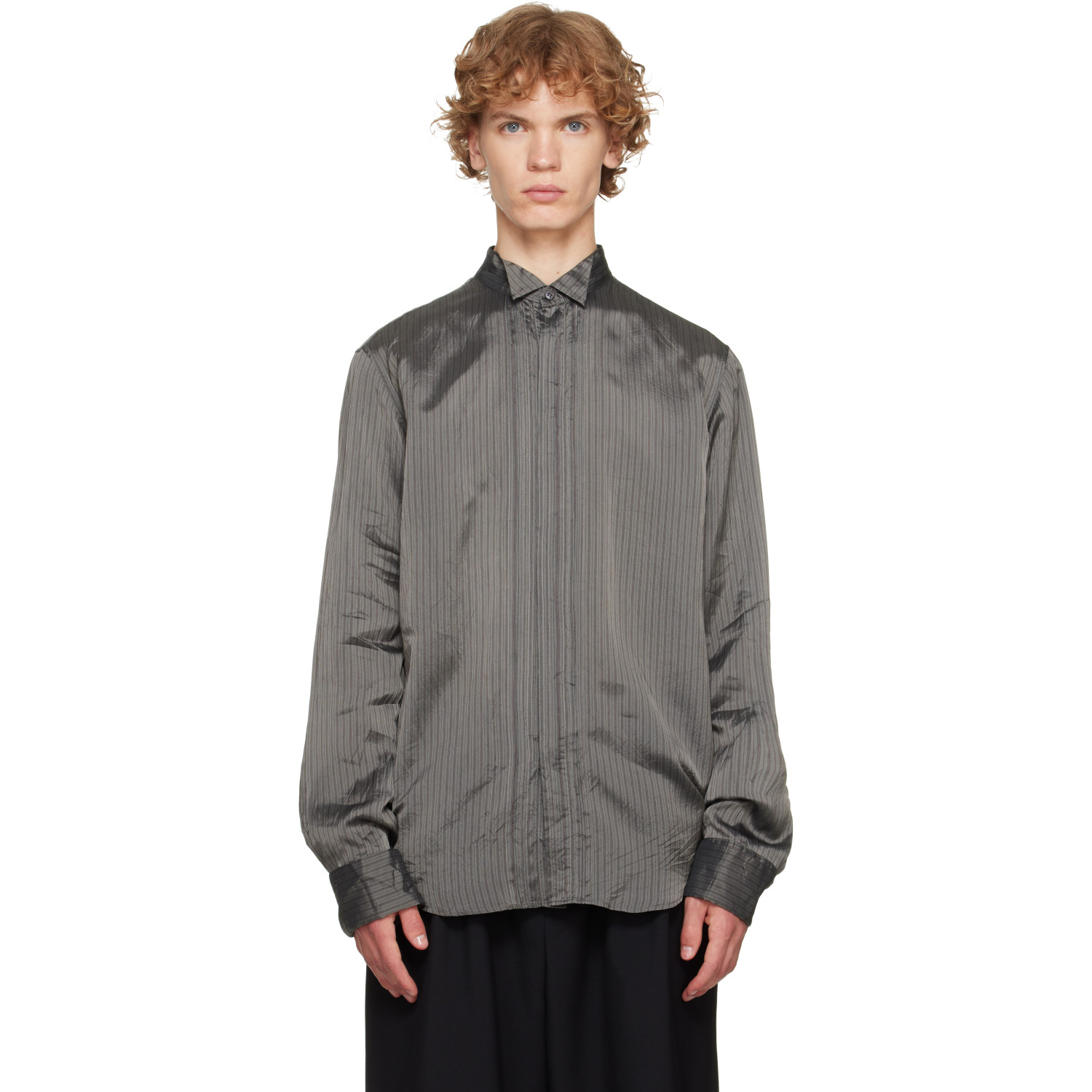 Dries Van Noten Gray & Burgundy Pinstripe Shirt