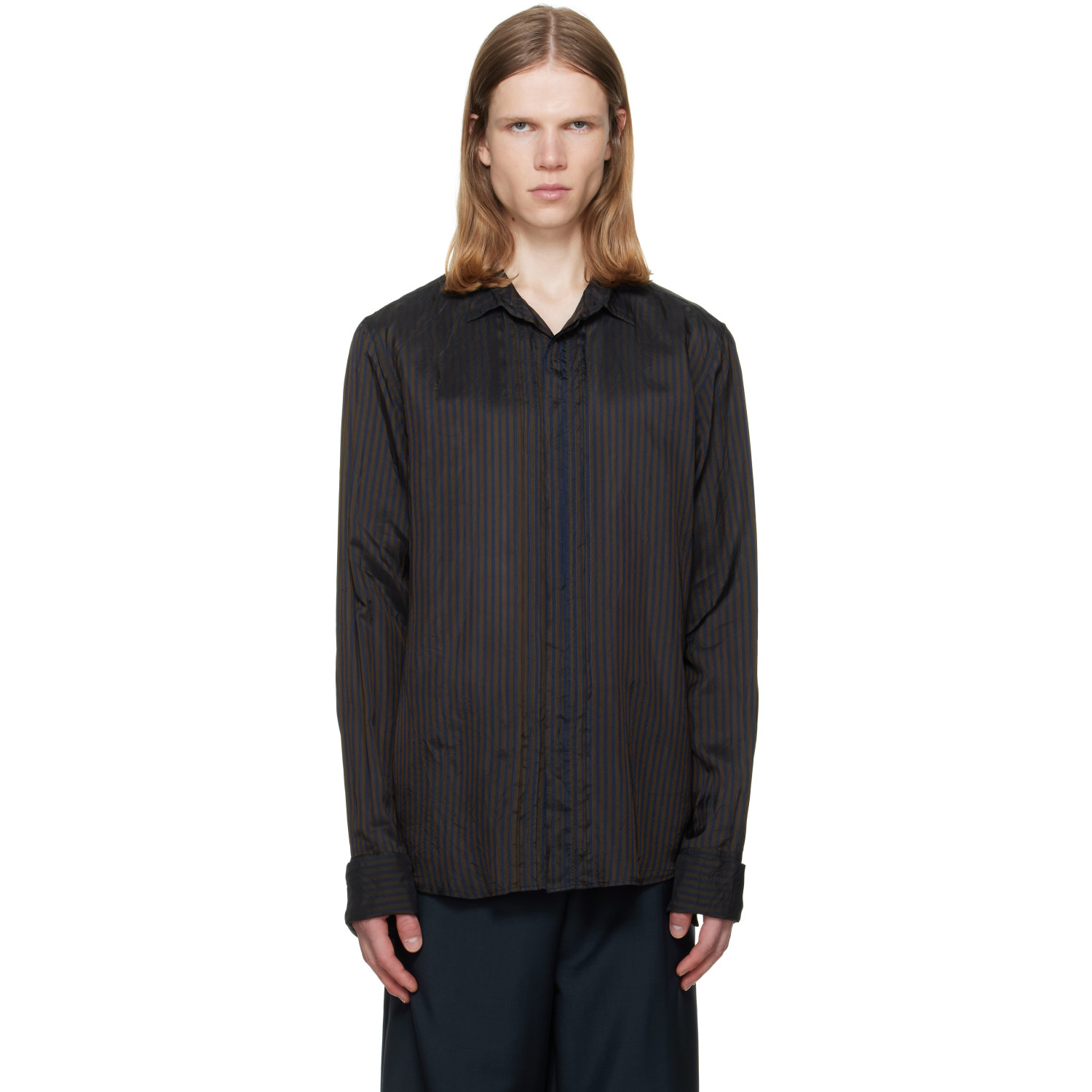 Dries Van Noten Brown & Navy Striped Pintuck Shirt