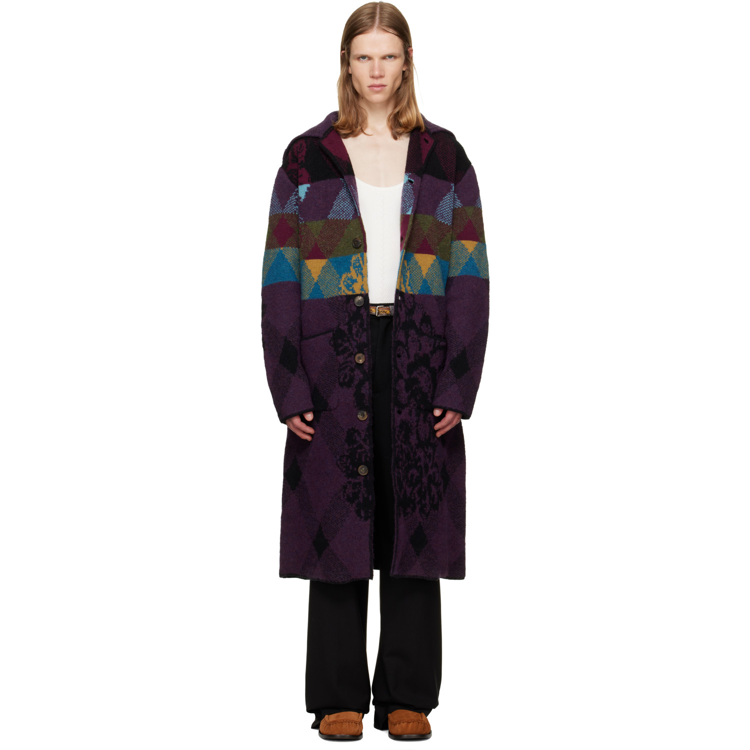 Dries Van Noten Purple Patchwork Wool Cardigan Coat
