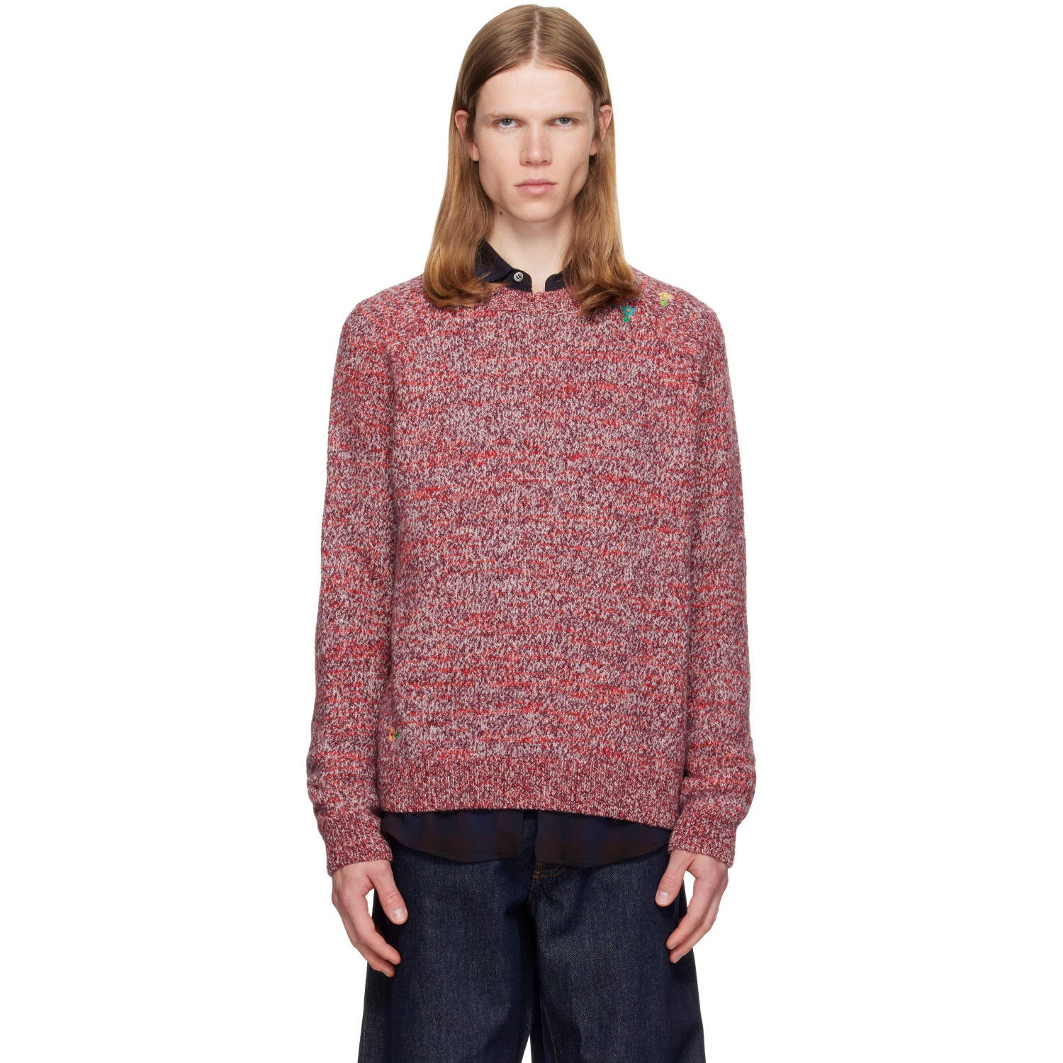 Dries Van Noten Red Embroidered Flowers Wool Sweater