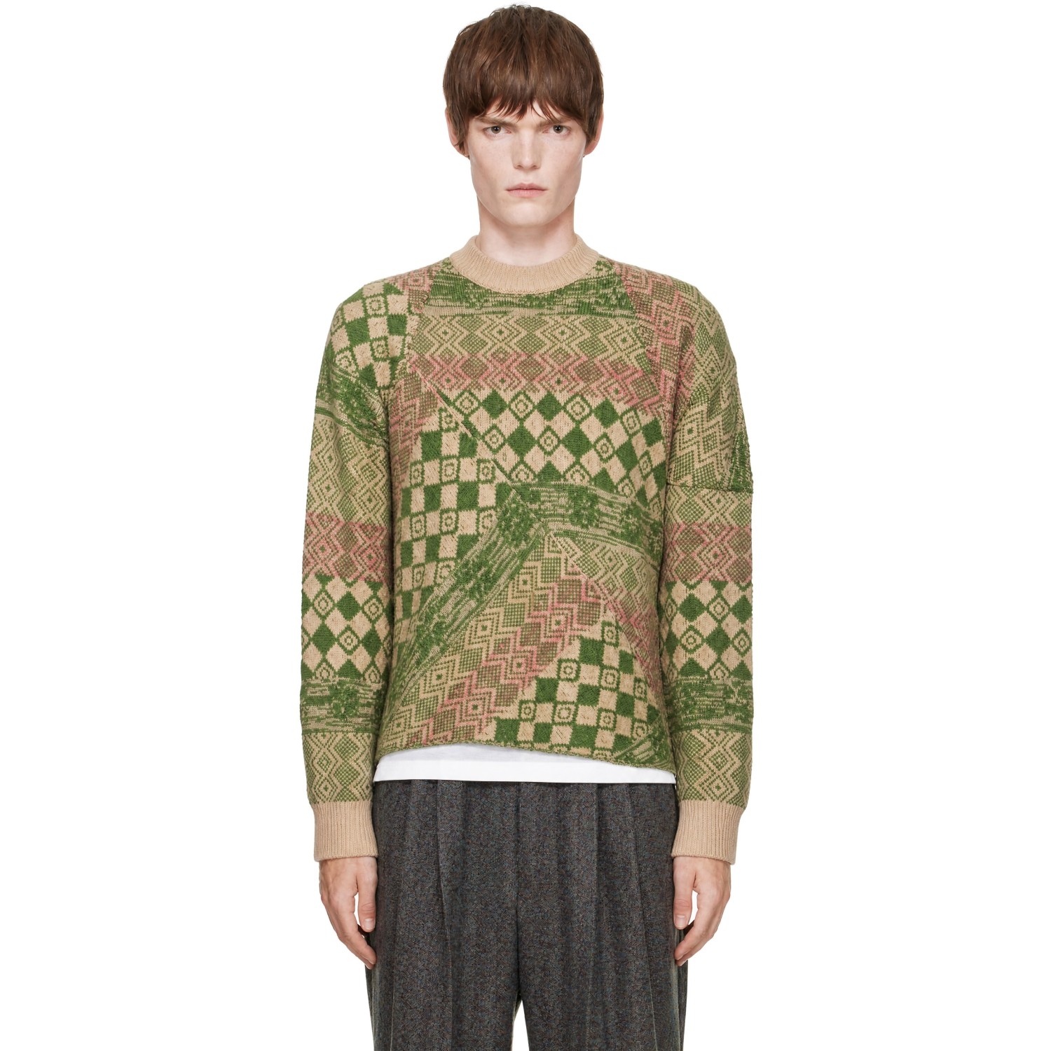 Dries Van Noten Beige & Green Jacquard Sweater