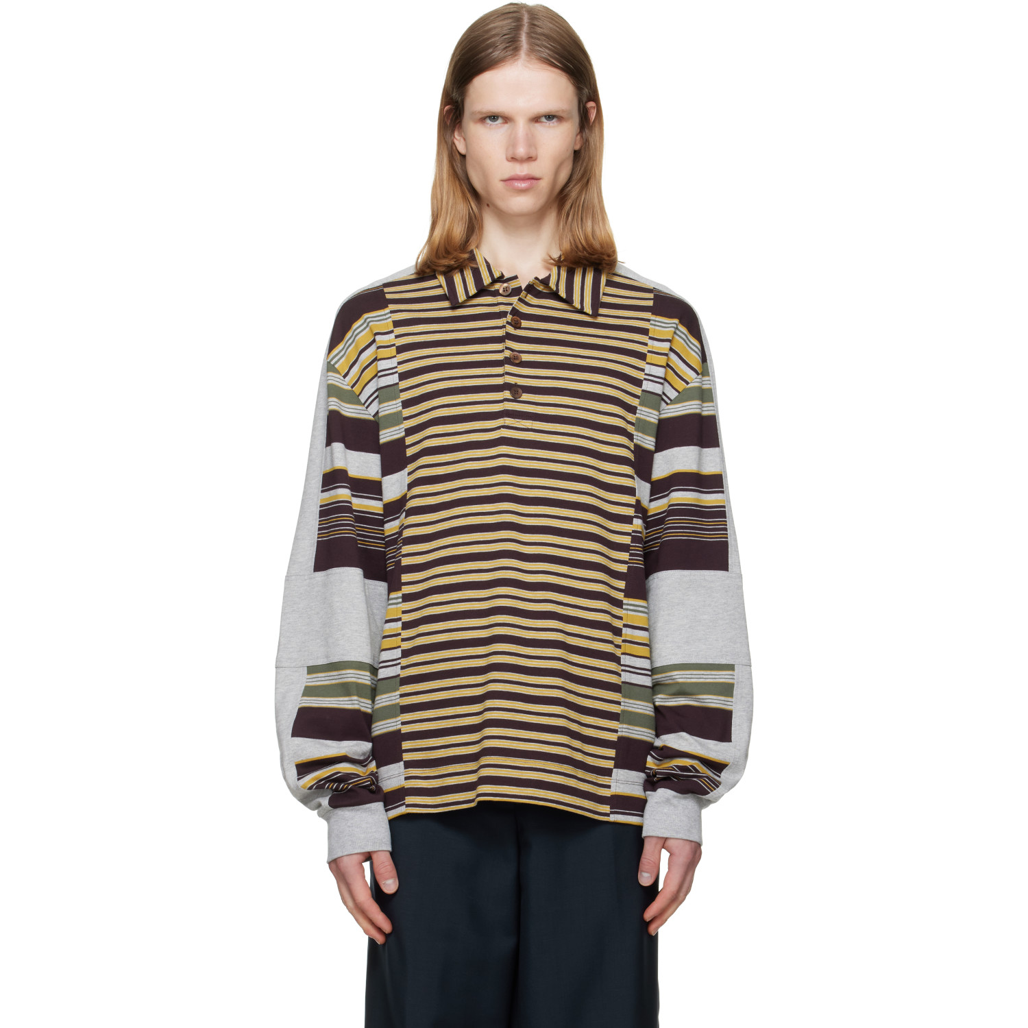 Dries Van Noten Burgundy & Gray Striped Cotton Polo