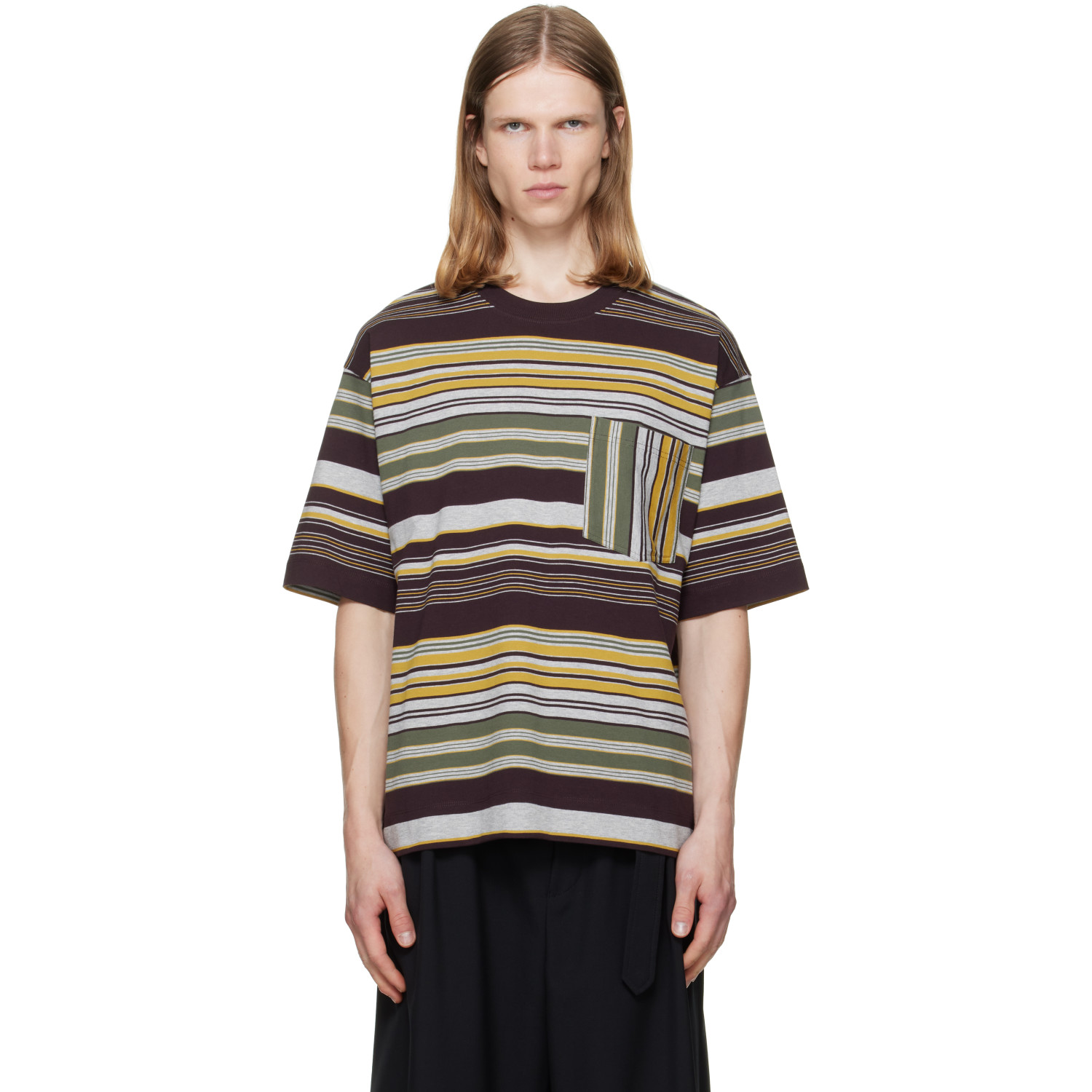 Dries Van Noten Burgundy & Gray Striped T-shirt