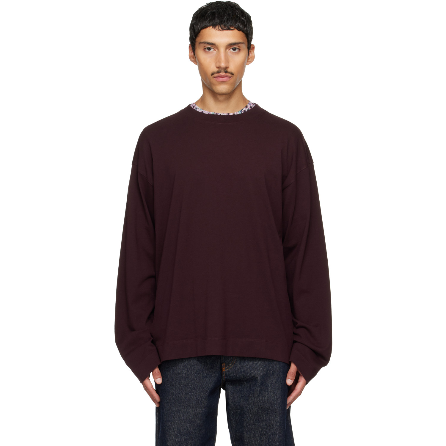 Dries Van Noten Burgundy Long Sleeve Cotton T-shirt