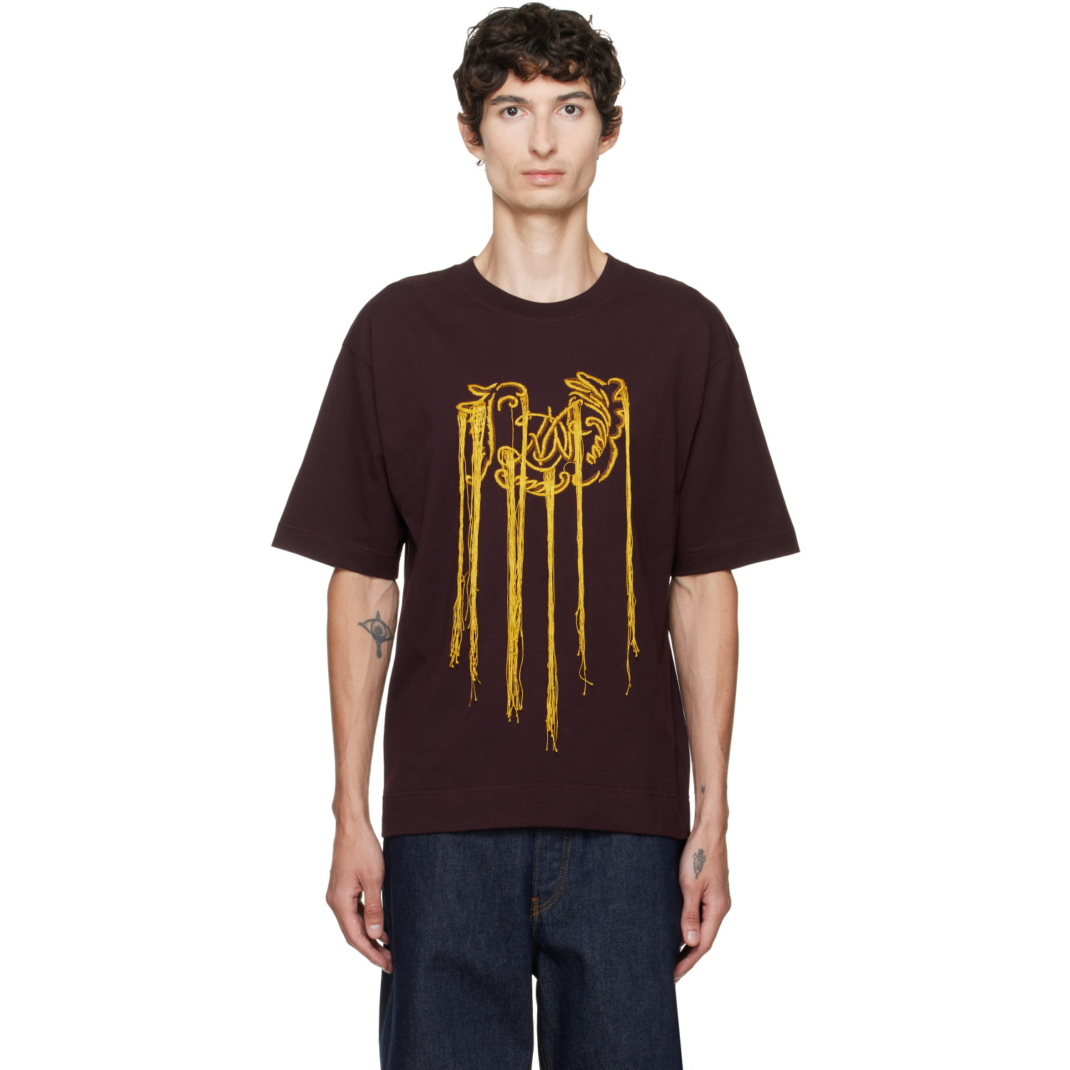 Dries Van Noten Burgundy Fringed T-shirt