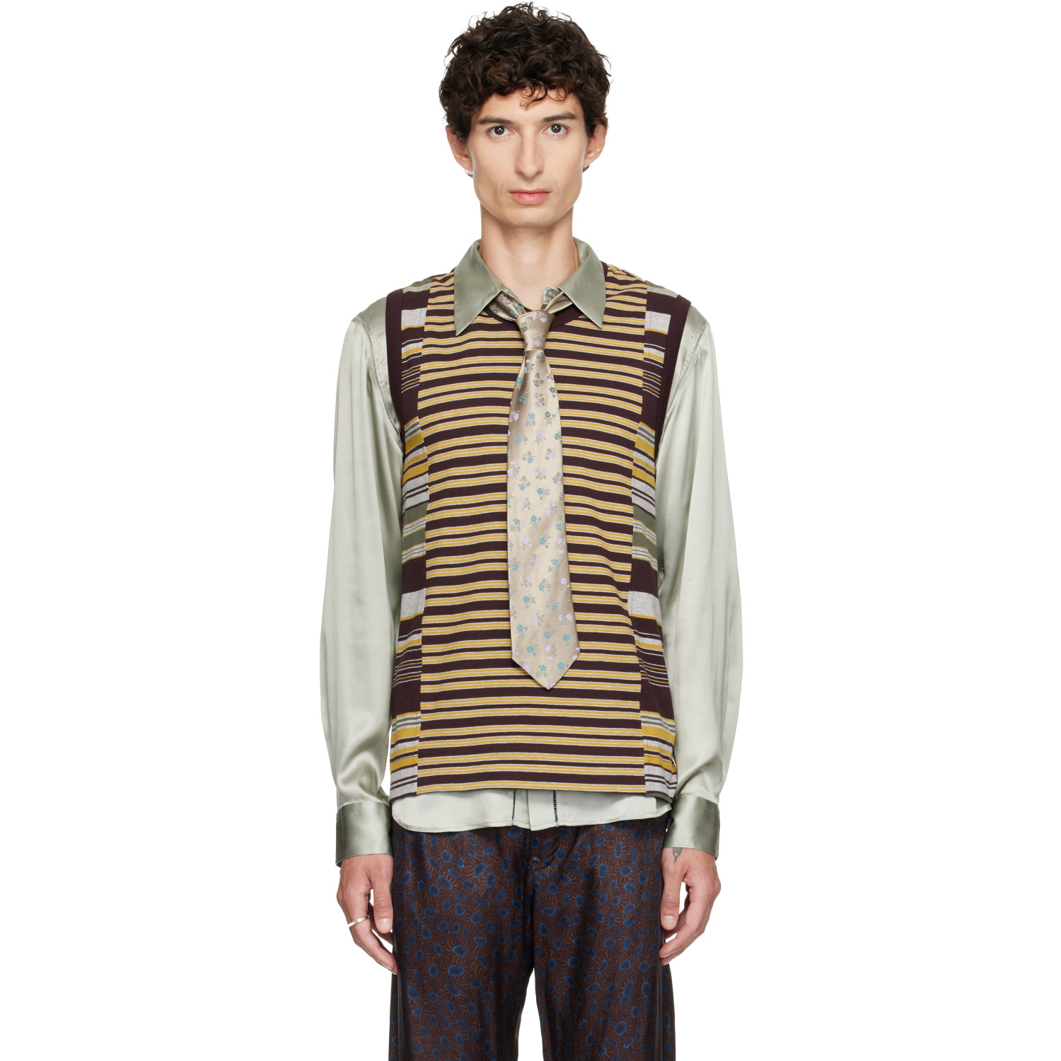 Dries Van Noten Brown & Yellow Striped Cotton Tank Top