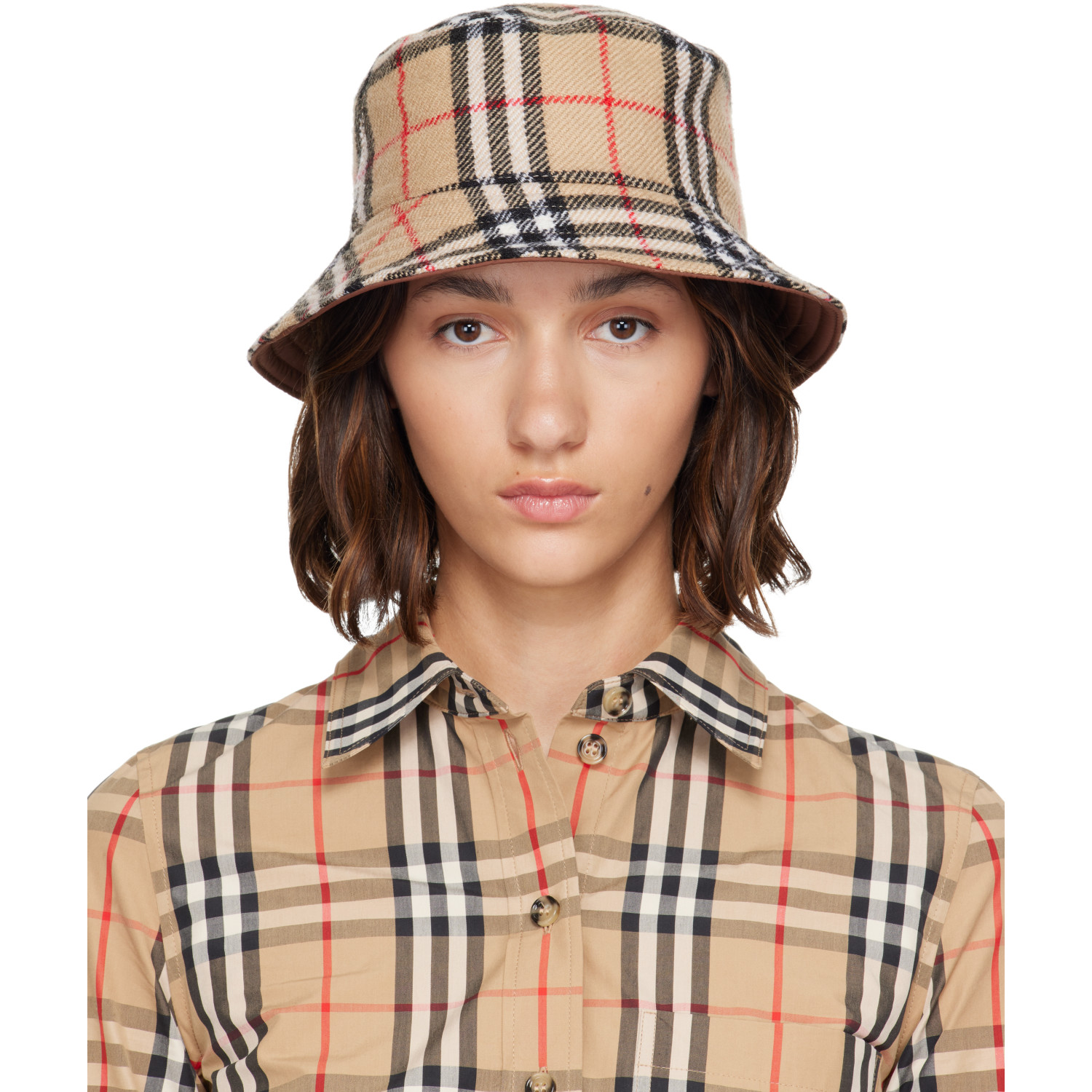 Burberry Beige Wool Check Reversible Bucket Hat
