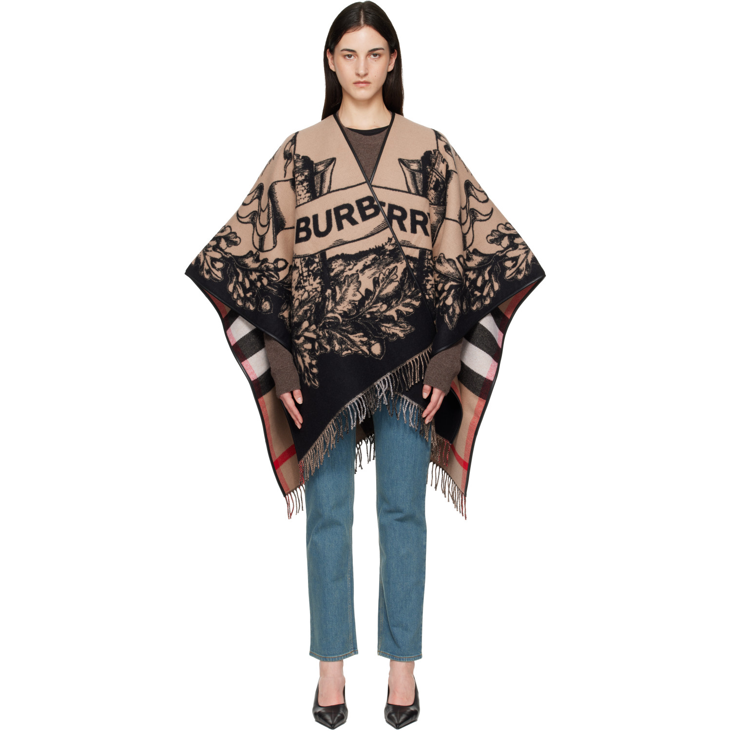 Burberry Beige & Black Gallant Knight Wool Cape