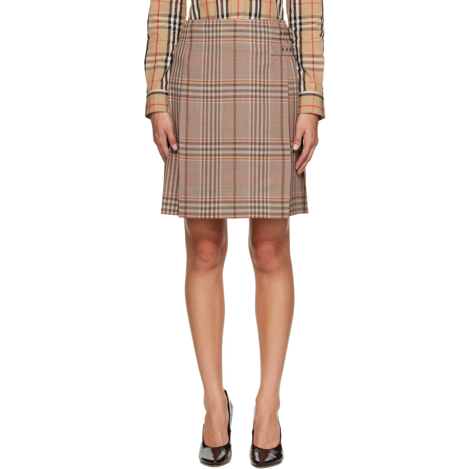 Burberry Beige Check Wool Kilt Midi Skirt