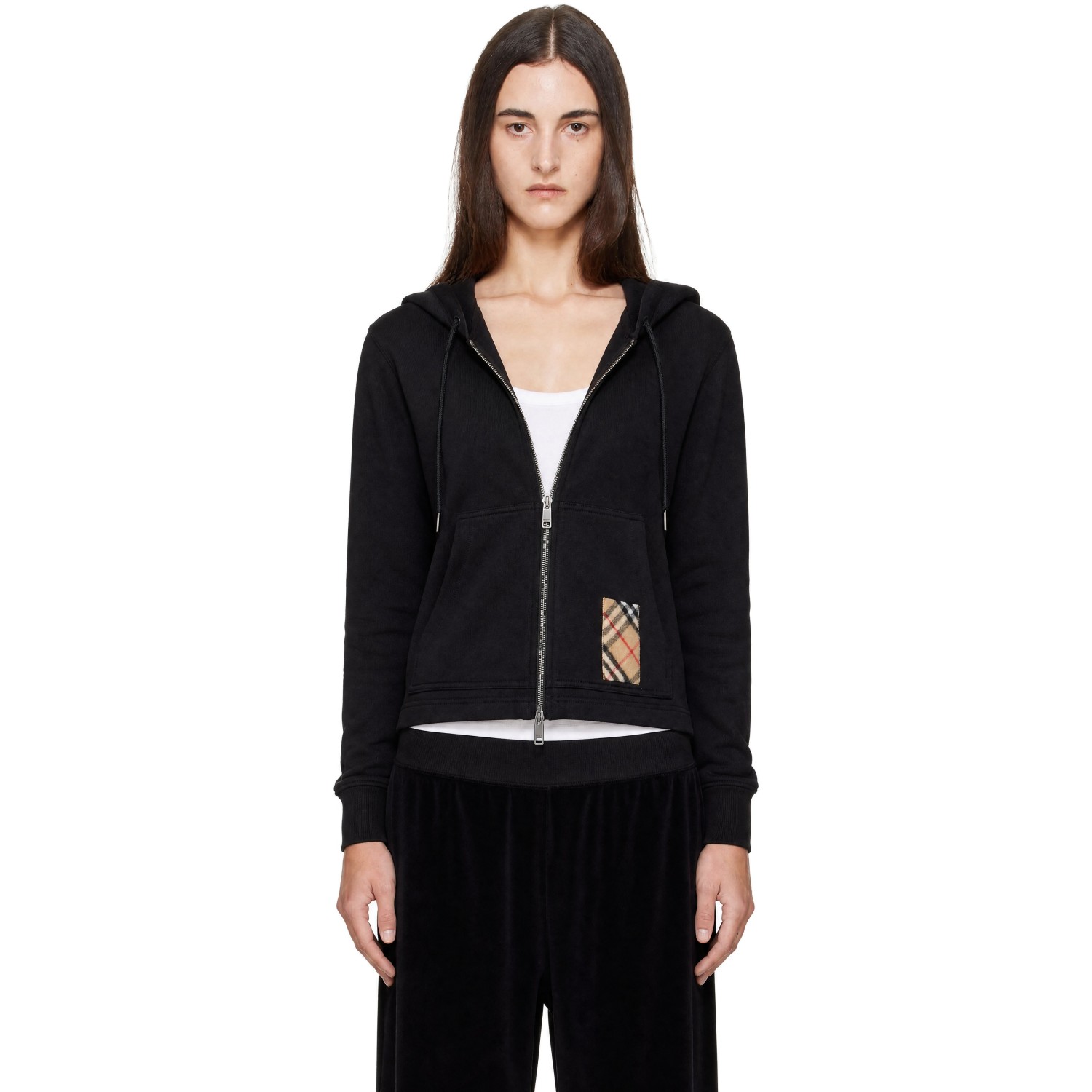 Burberry Black Check Detail Zip-Up Hoodie
