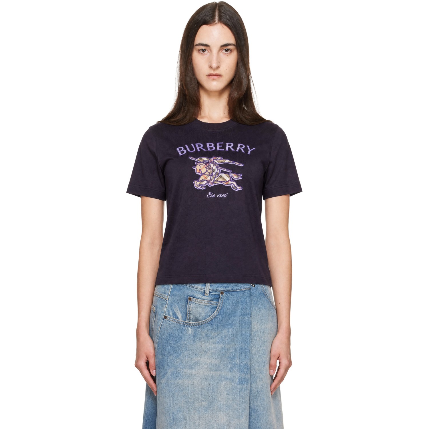 Burberry Purple Knight Check Cotton T-shirt