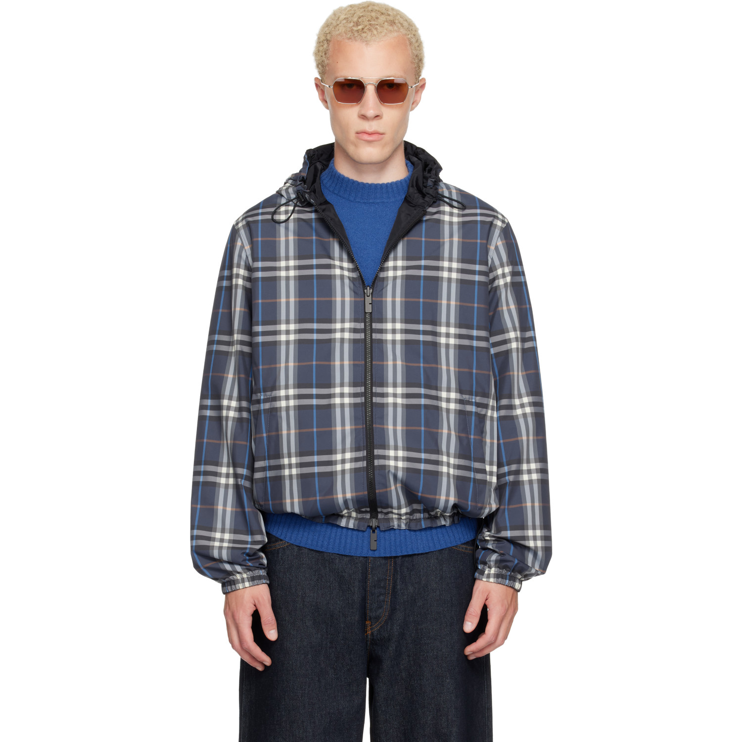 Burberry Navy Check Newport Hooded Reversible Jacket