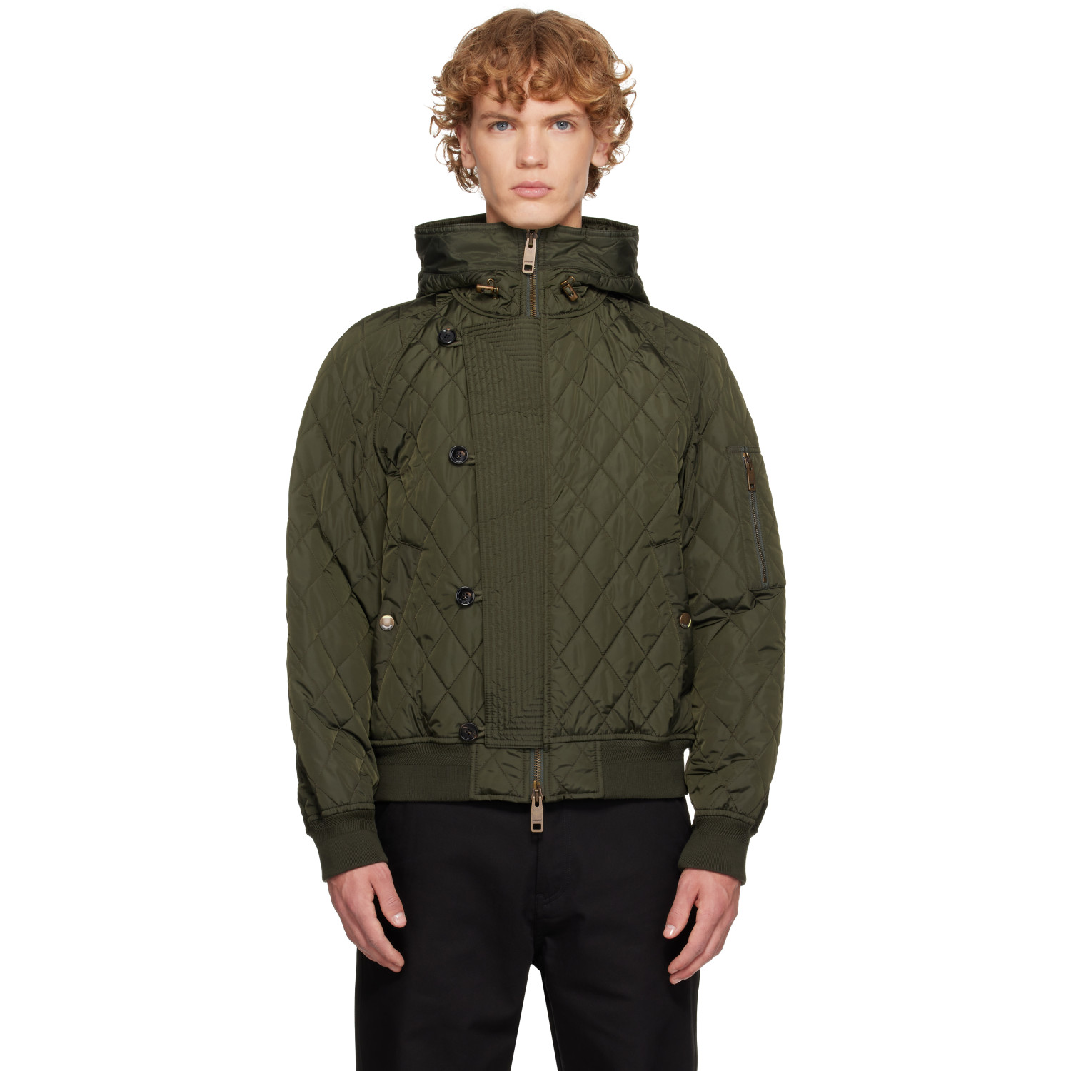Burberry Khaki Hooded Quilted Nylon Bomber Jacket