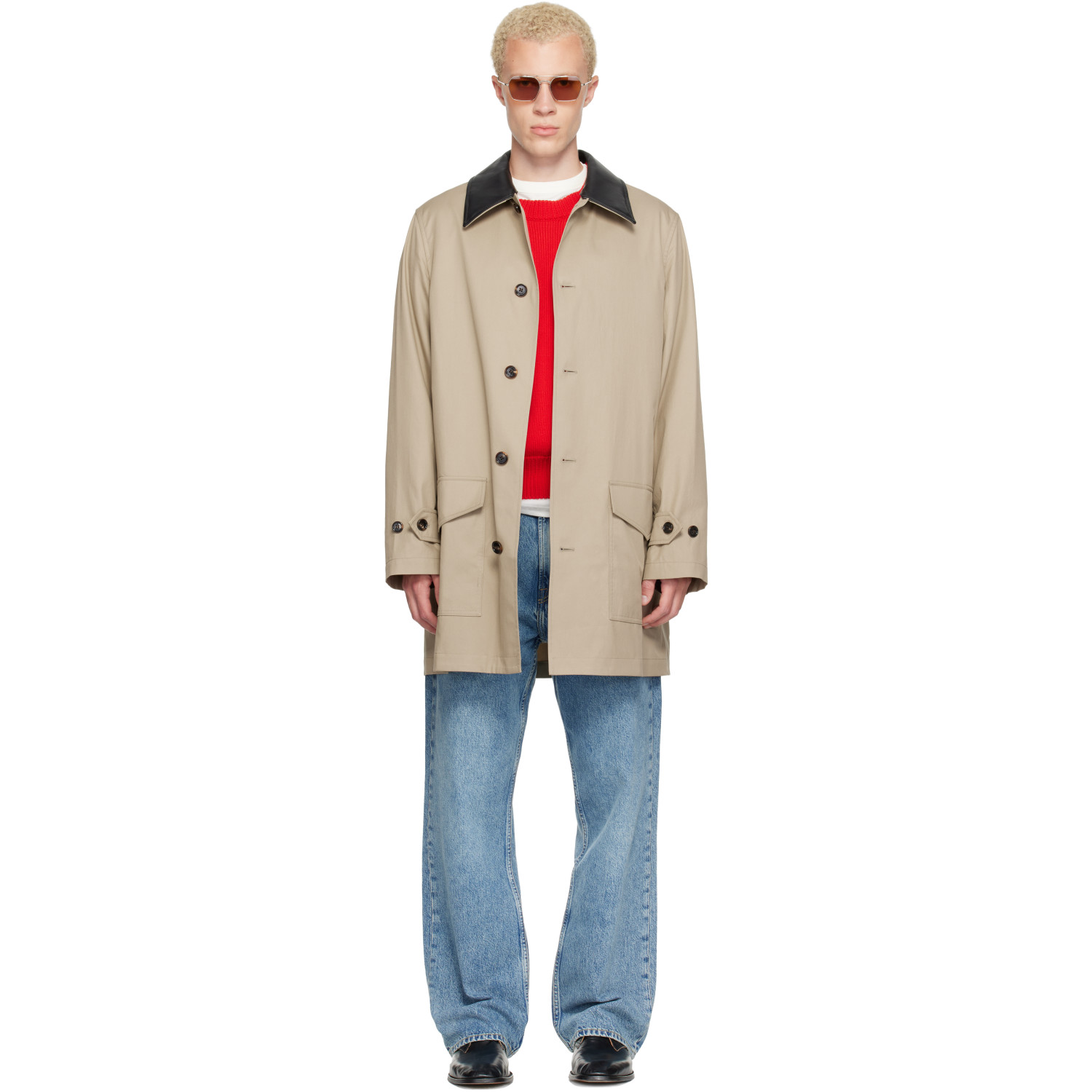 Burberry Beige Mid-Length Leather Collar Meadowbank Car Coat
