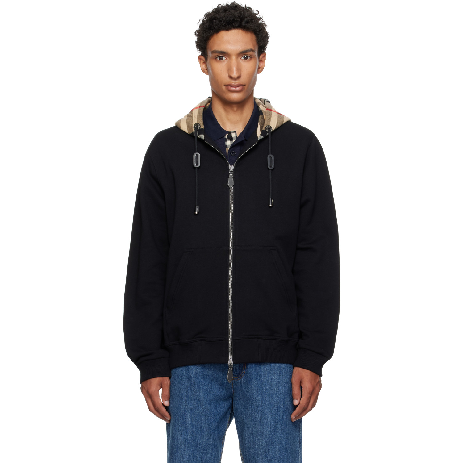 Burberry Black Check Hood Cotton Zip Hoodie