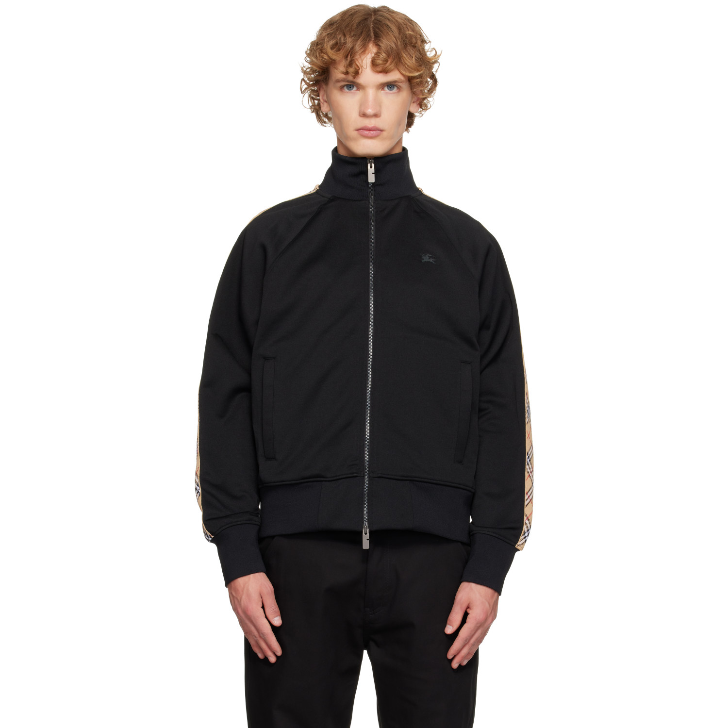 Burberry Black Check Trim Cotton Blend Track Jacket