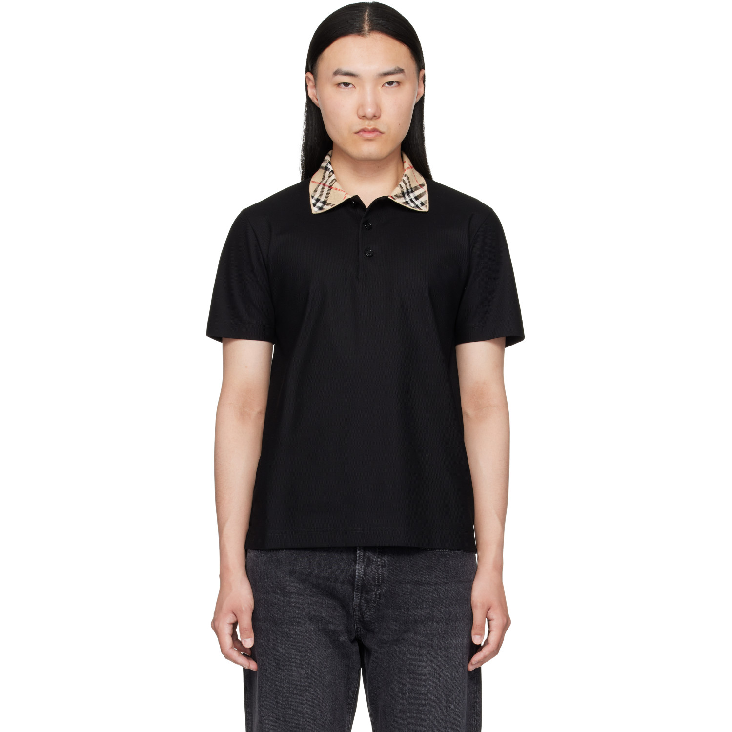 Burberry Black Check Collar Cotton Polo