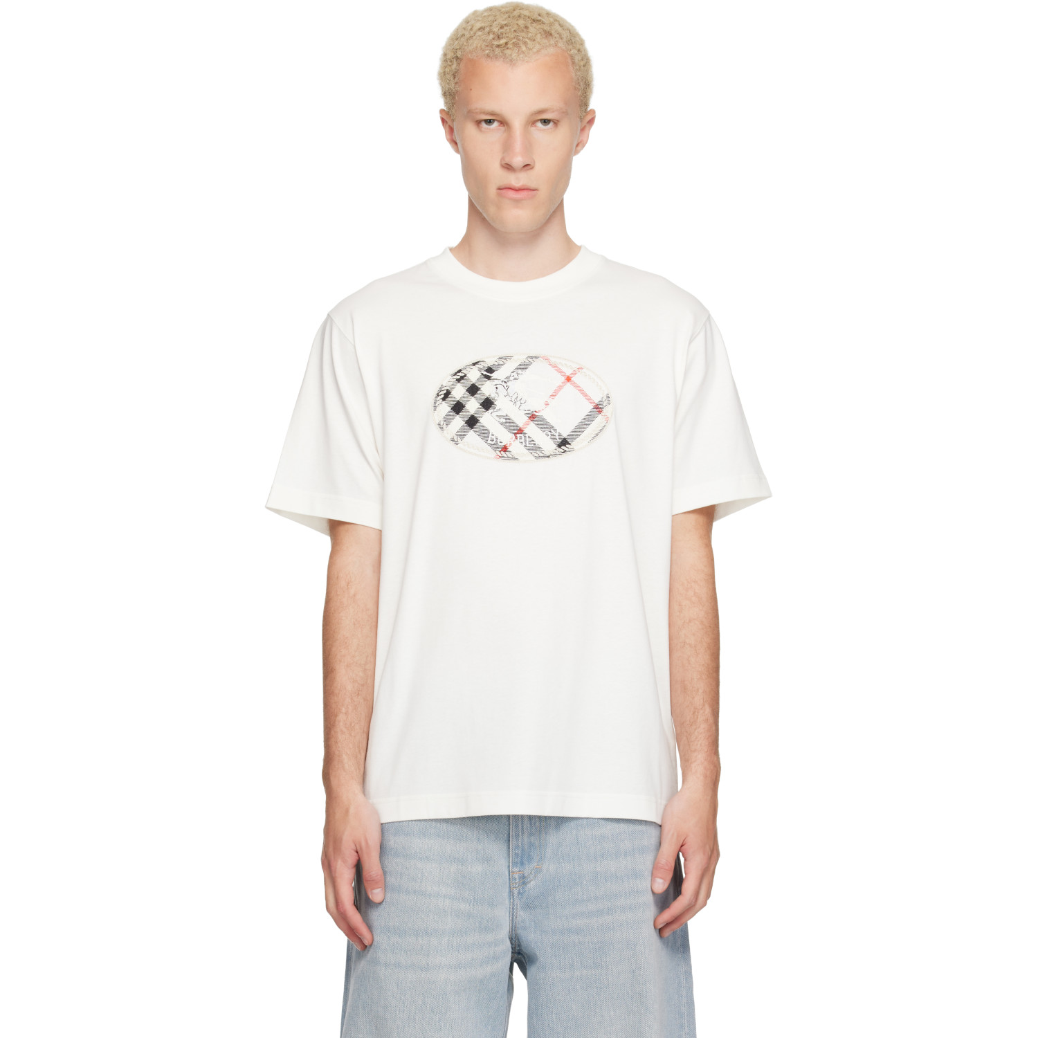 Burberry White Check Knight Stamp Cotton T-shirt
