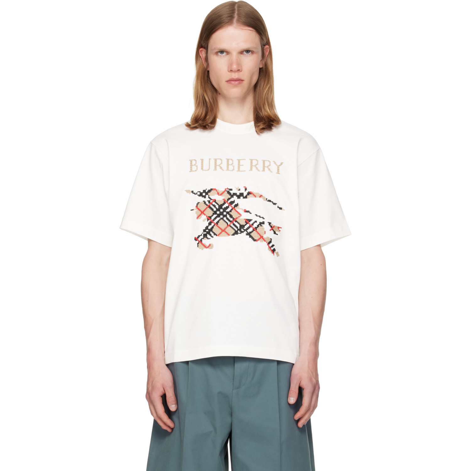 Burberry White Cross Stitch Knight Cotton T-shirt