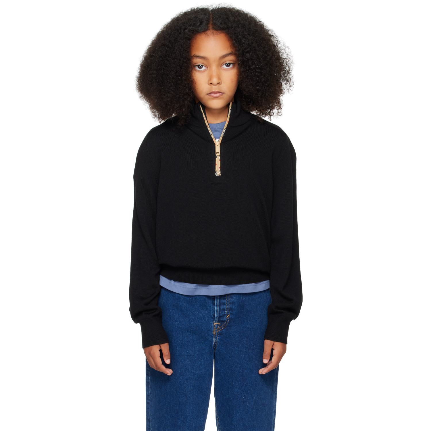 Burberry Kids Black Check Trim Wool Half-zip Sweater