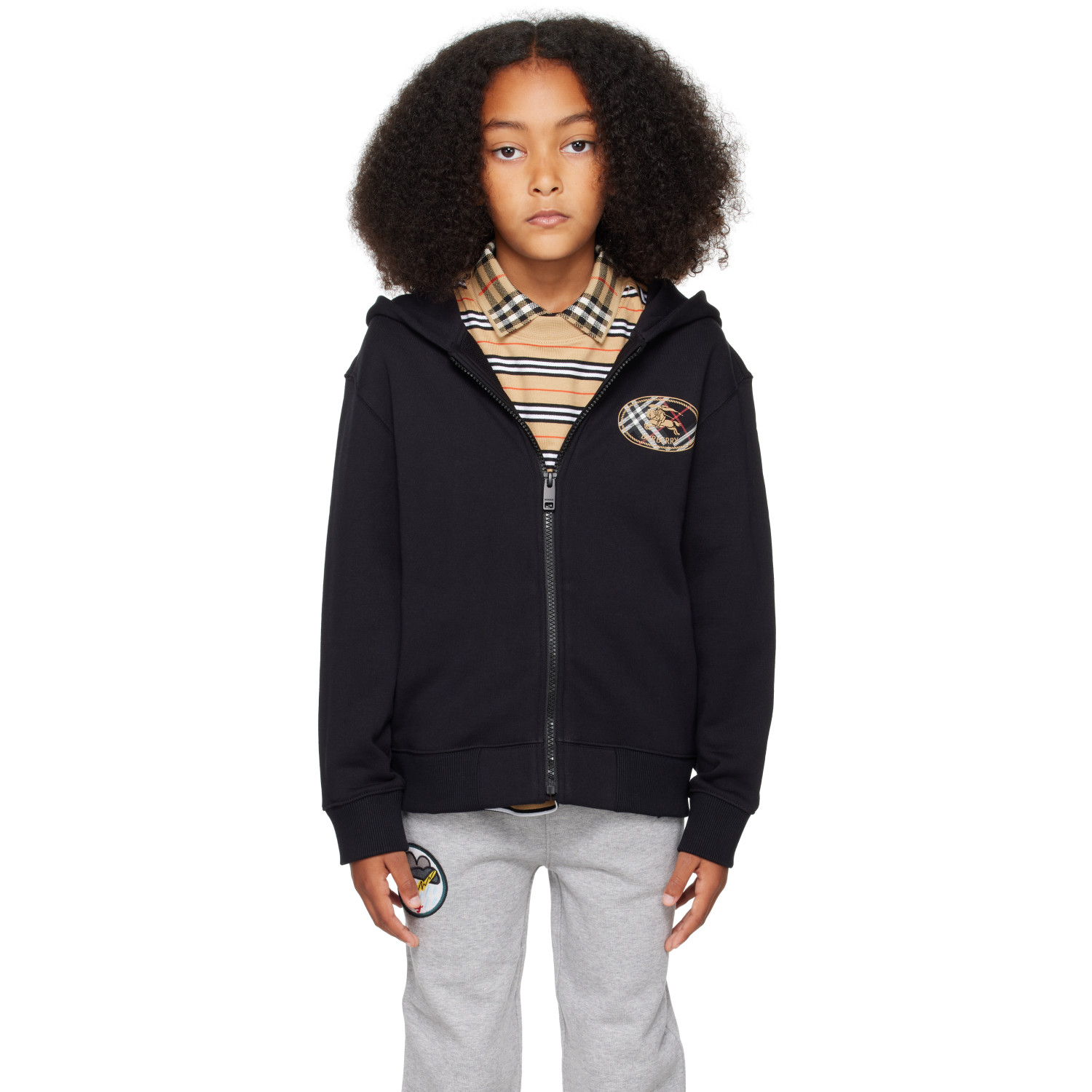 Burberry Kids Black Check Knight Stamp Cotton Zip Hoodie