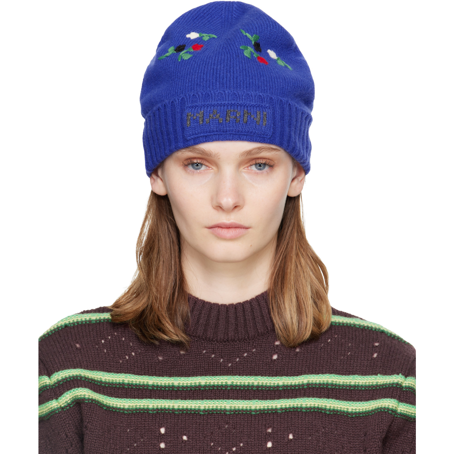 Marni Blue Wool & Cashmere Flower Beanie