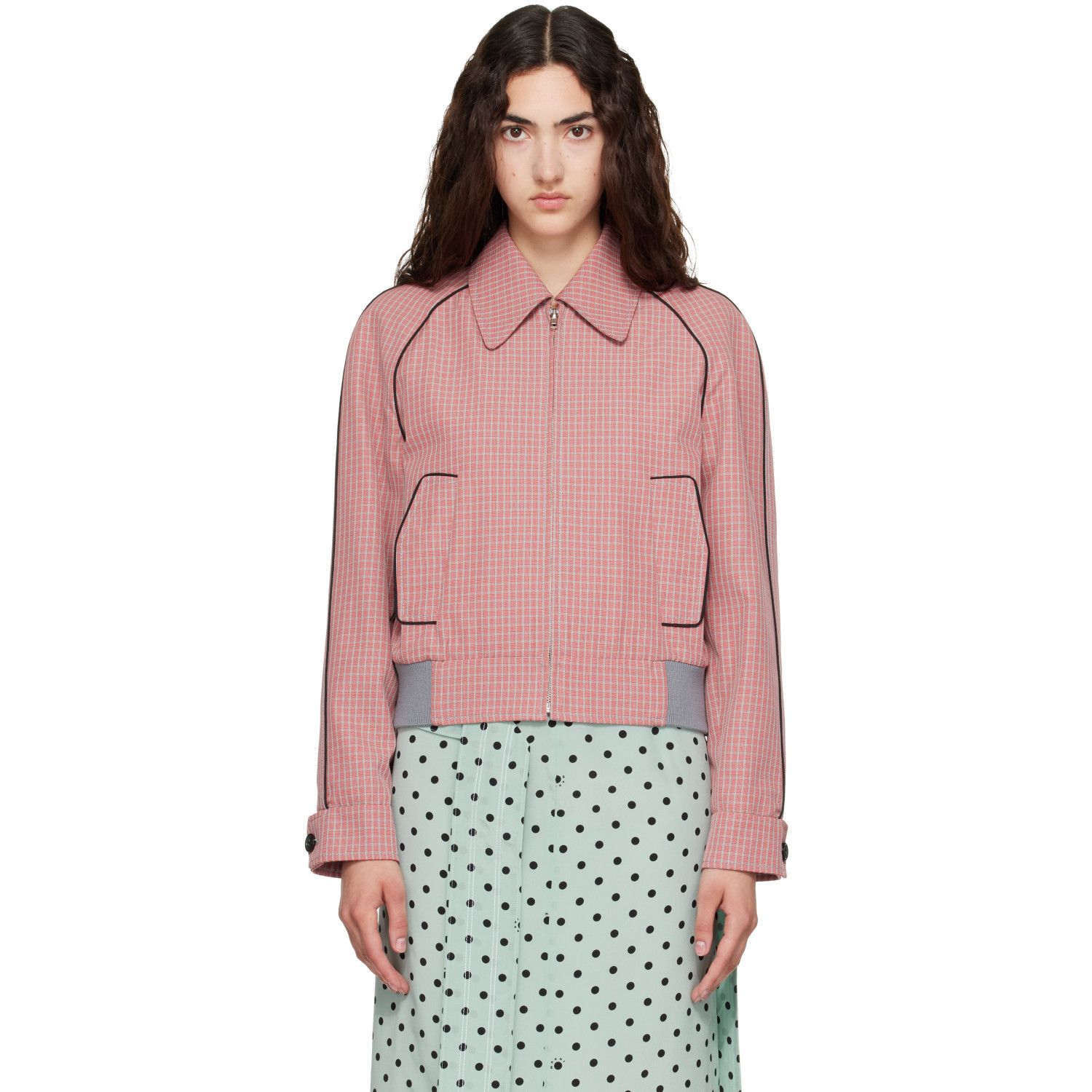 Marni Red Plaid Crop Bomber Jacket