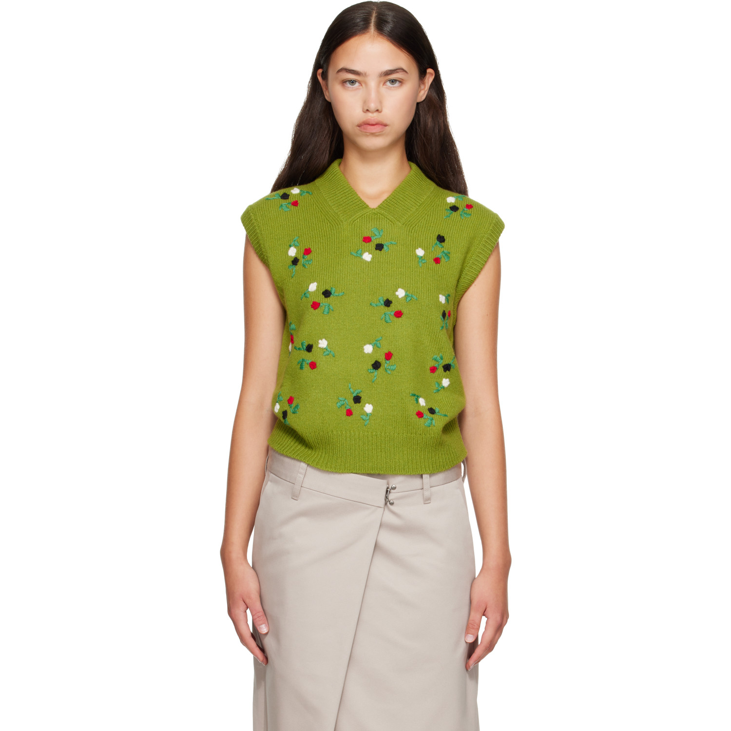 Marni Green Wool-Cashmere Flower Embroidery Vest