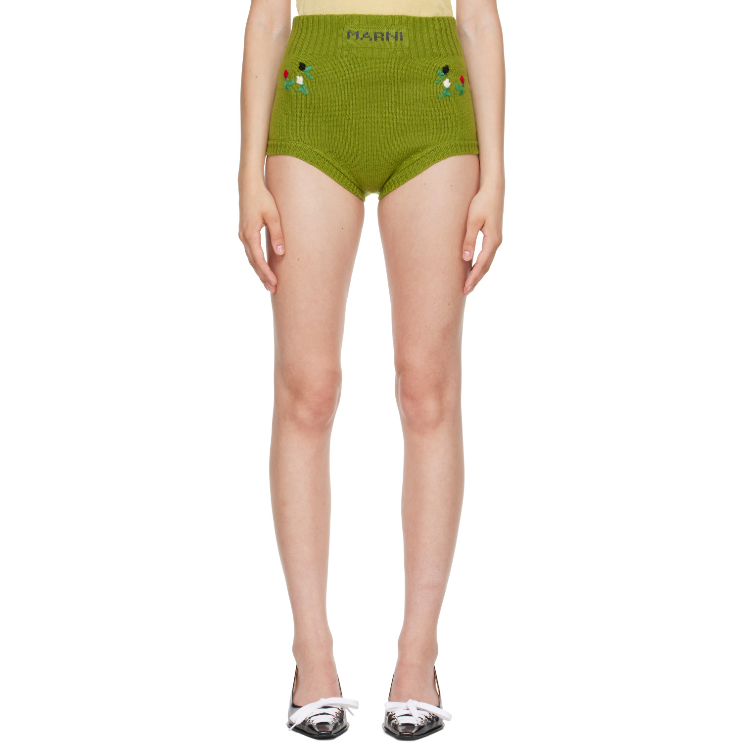 Marni Green Wool-Cashmere Flower Embroidery Brief Shorts