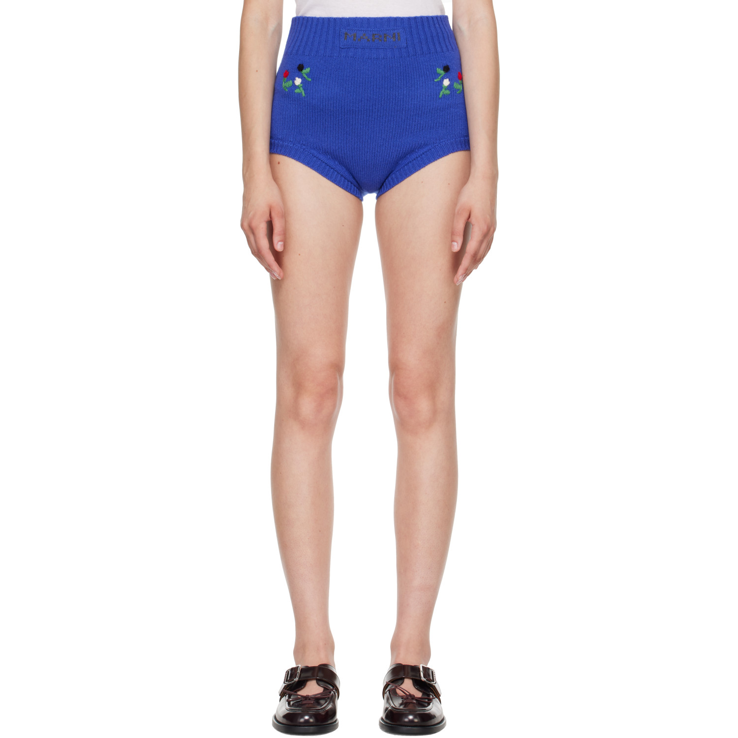 Marni Blue Wool-Cashmere Flower Embroidery Brief Shorts